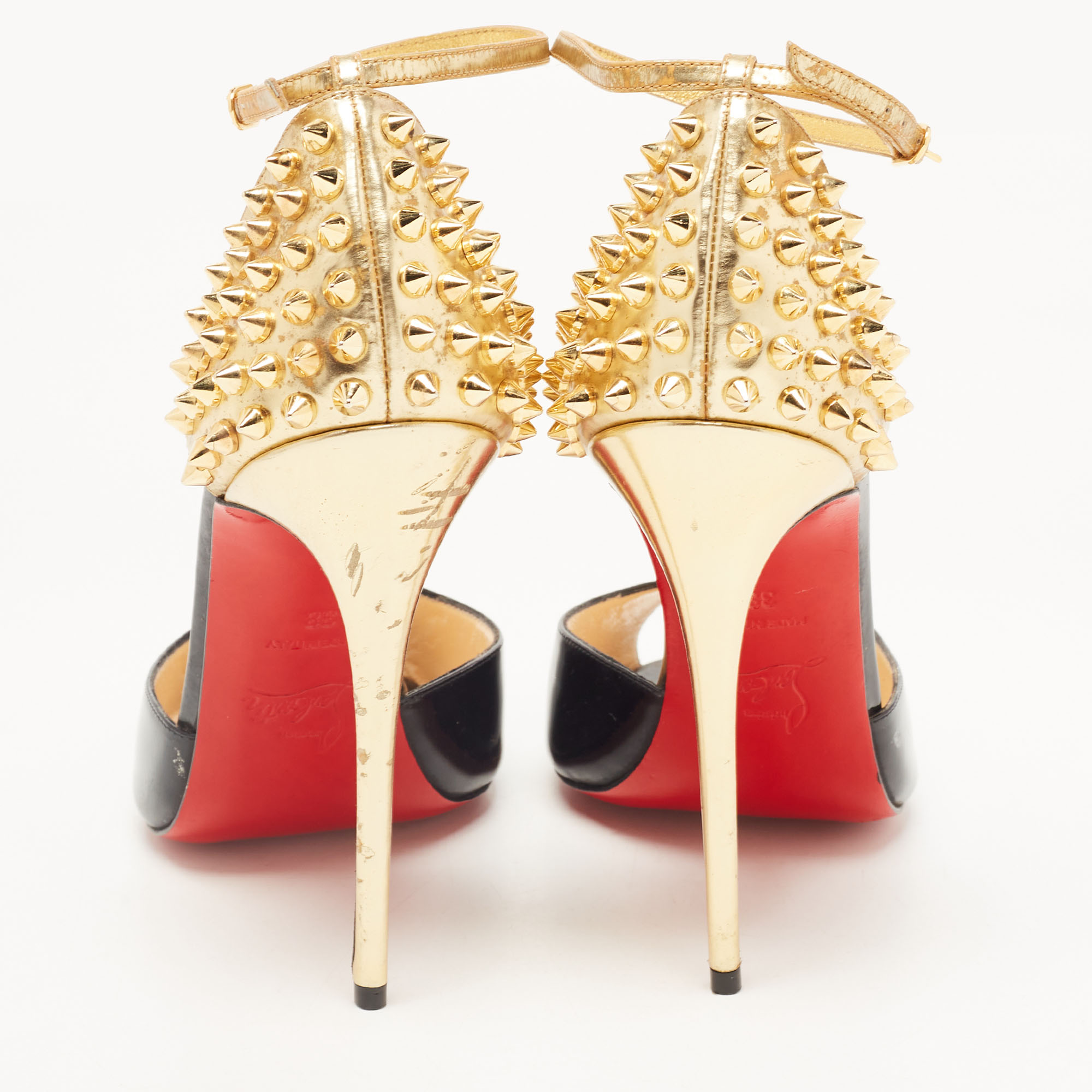 Christian Louboutin Black/Gold Patent Leather Pina Spike Peep Toe Ankle Strap Sandals Size 38