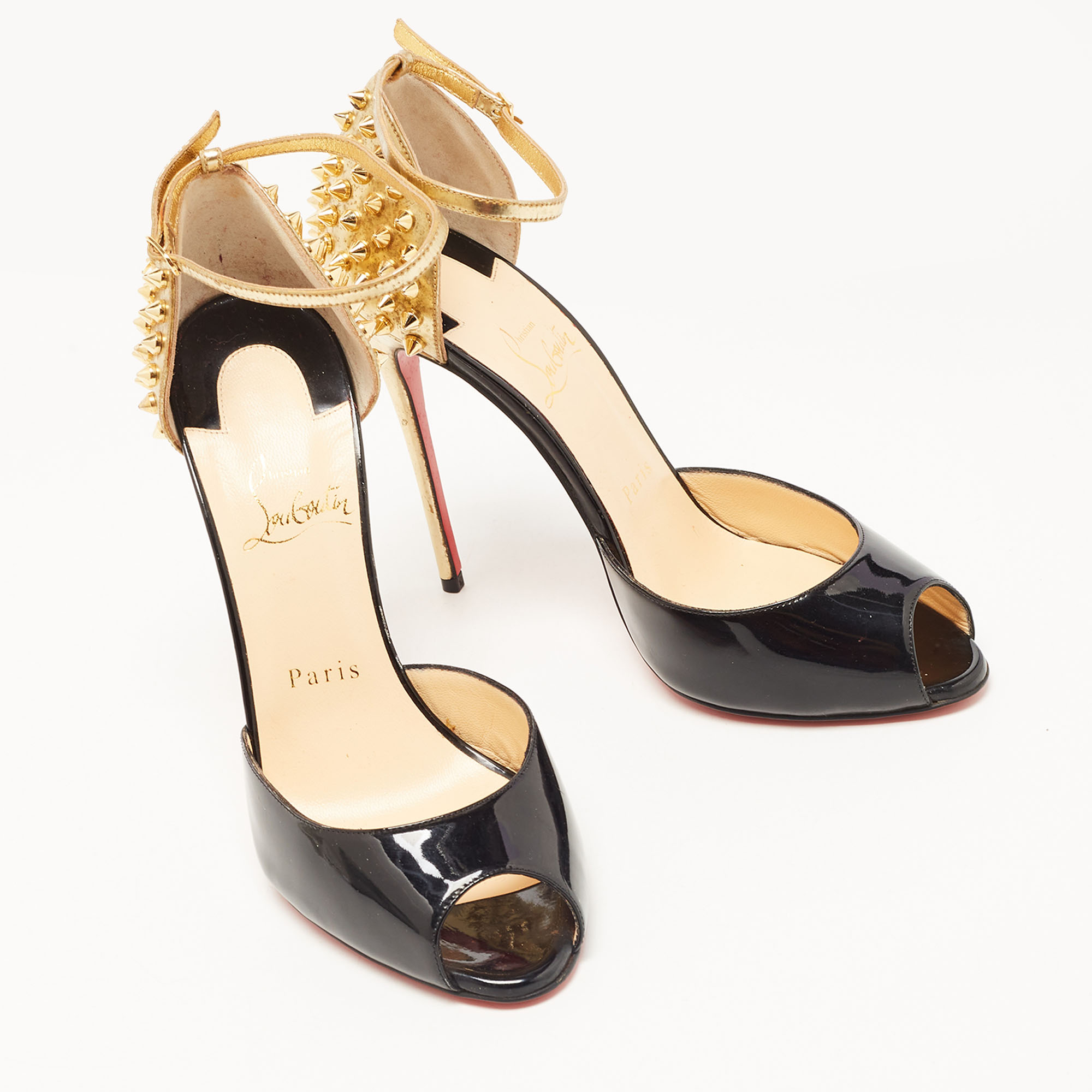 Christian Louboutin Black/Gold Patent Leather Pina Spike Peep Toe Ankle Strap Sandals Size 38