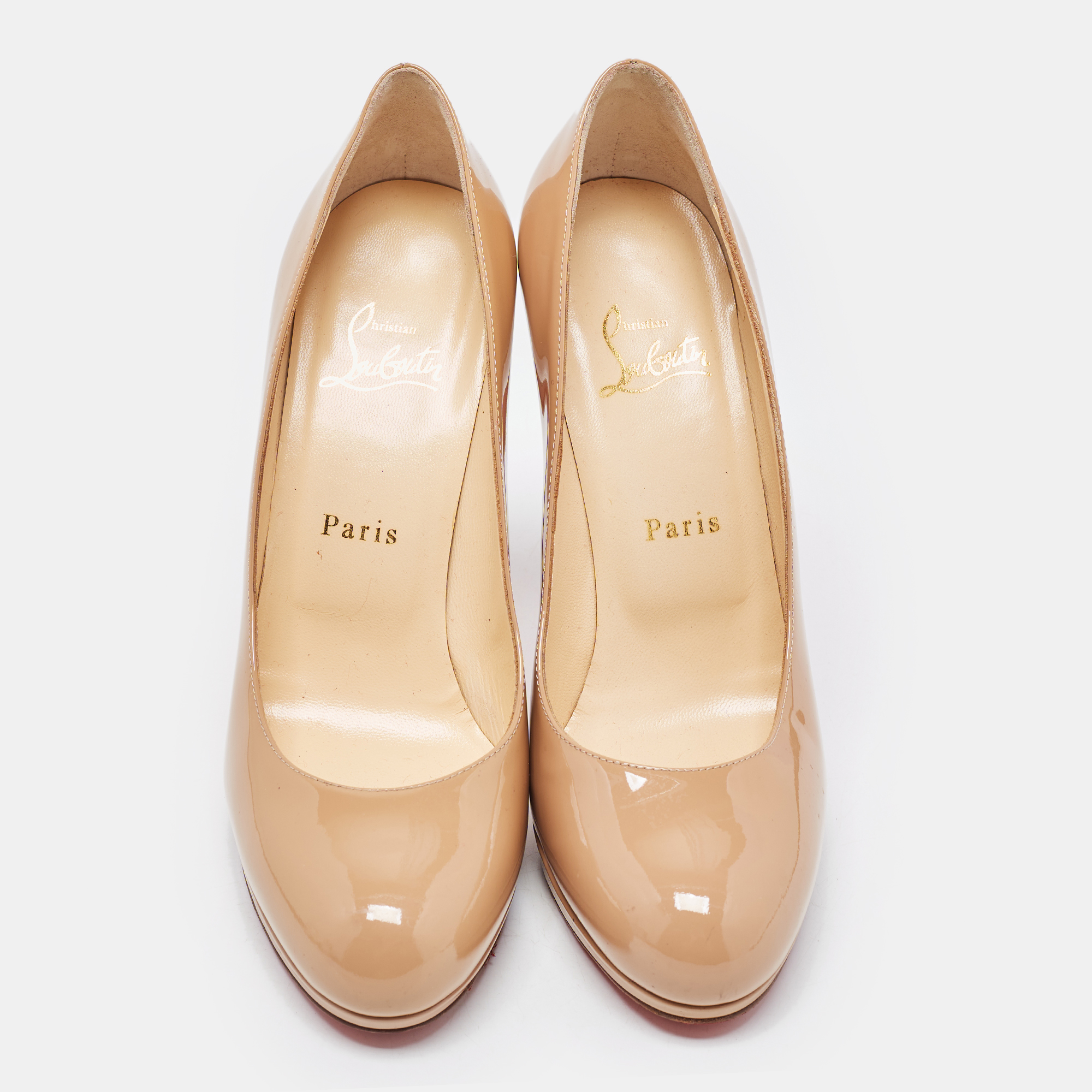 Christian Louboutin Beige Patent Leather Simple Round Toe Pumps Size 38.5