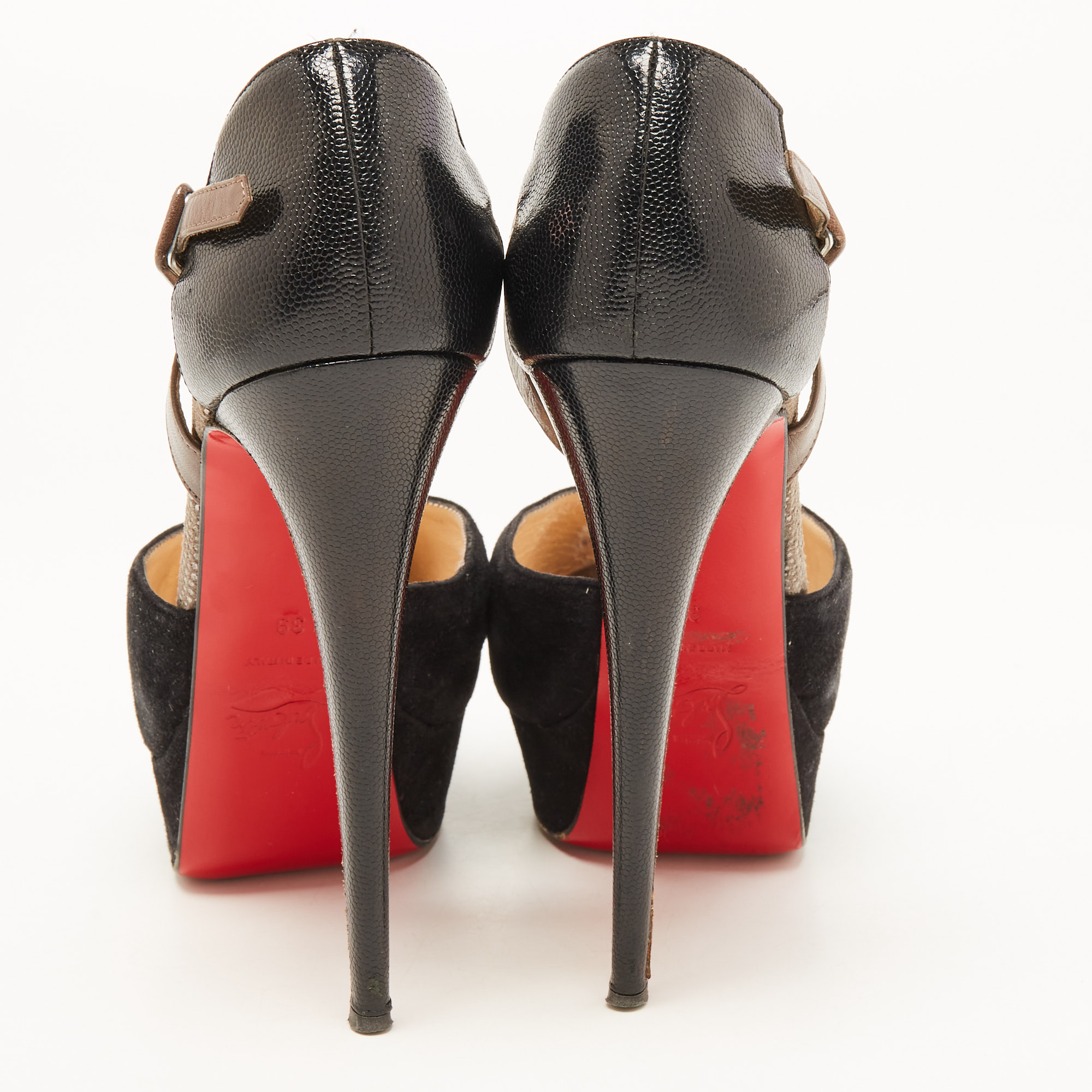 Christian Louboutin Black/Grey Suede And Leather Peep Toe Ankle Strap Platform Sandals Size 39