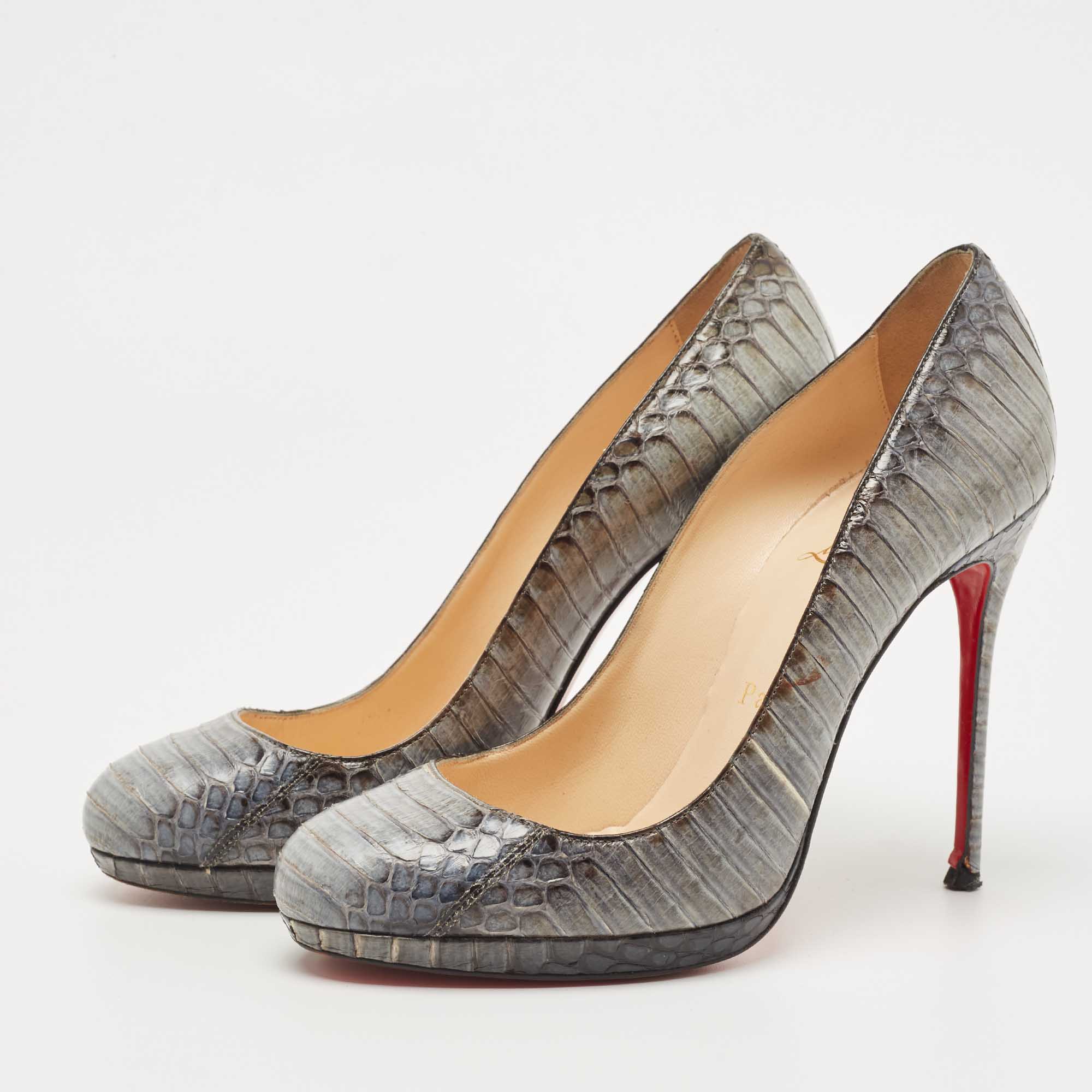 Christian Louboutin Grey Python Leather Round Toe Pumps Size 37.5