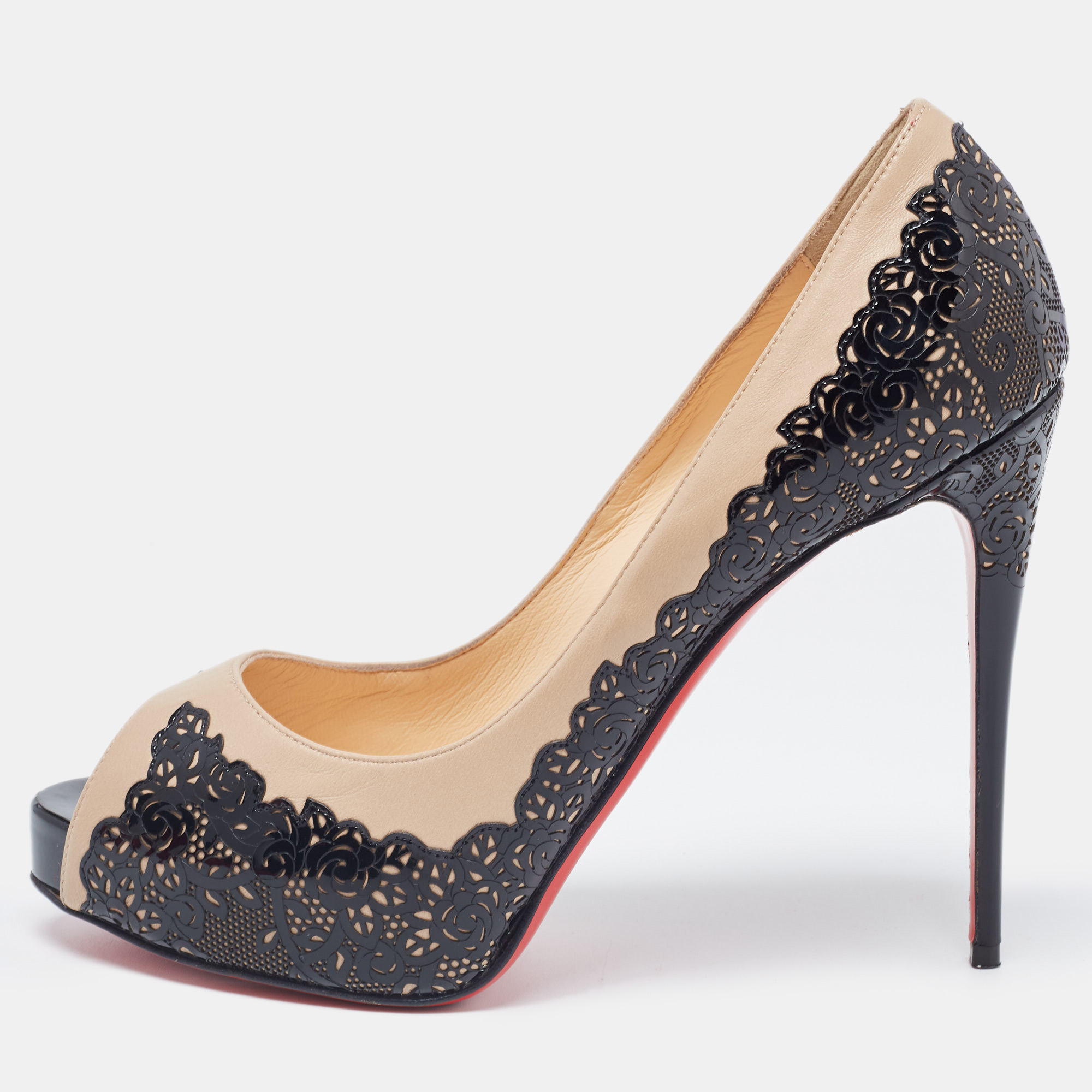 Christian Louboutin Two Tone Laser Cut Patent And Leather Veramucha Peep Toe Pumps Size 39