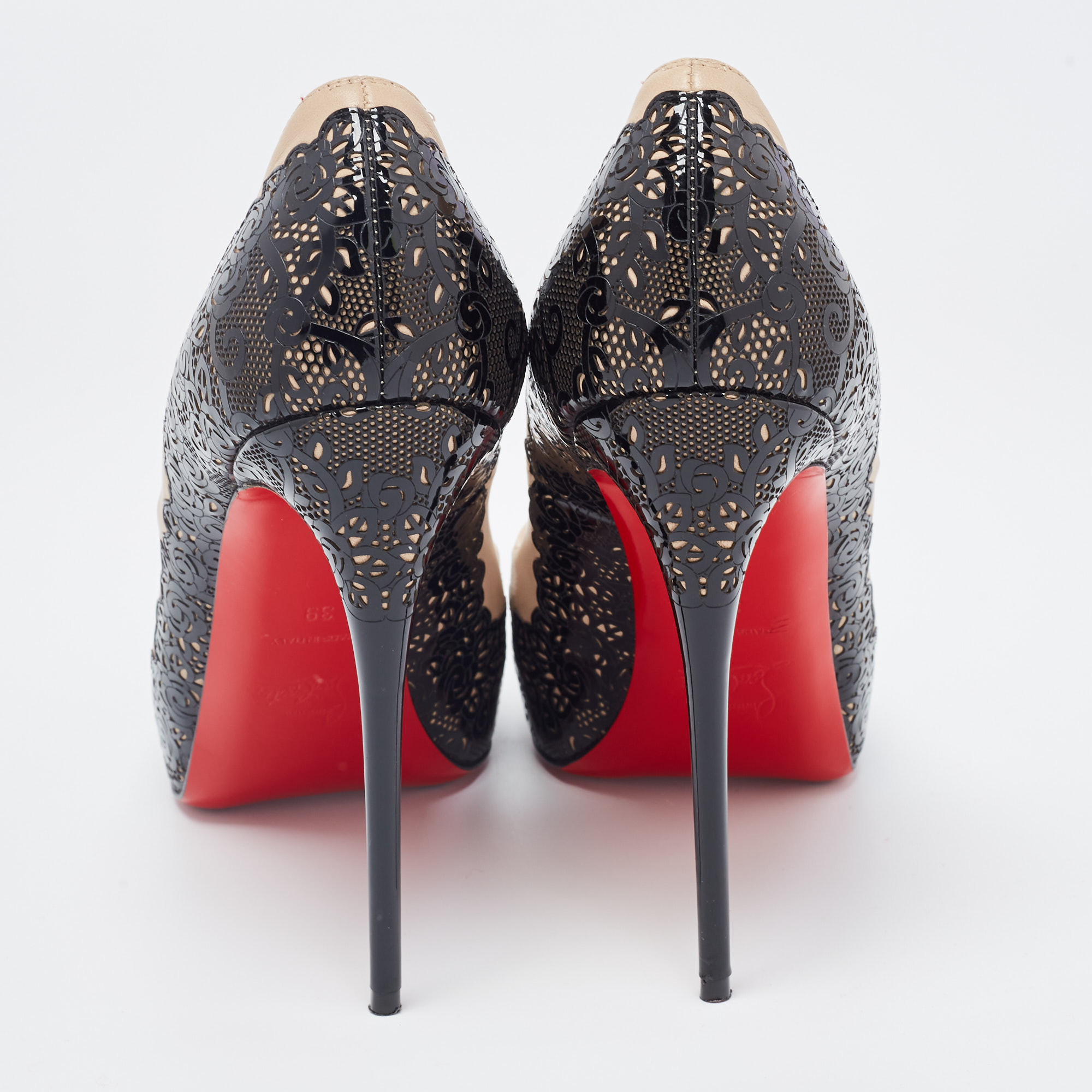 Christian Louboutin Two Tone Laser Cut Patent And Leather Veramucha Peep Toe Pumps Size 39