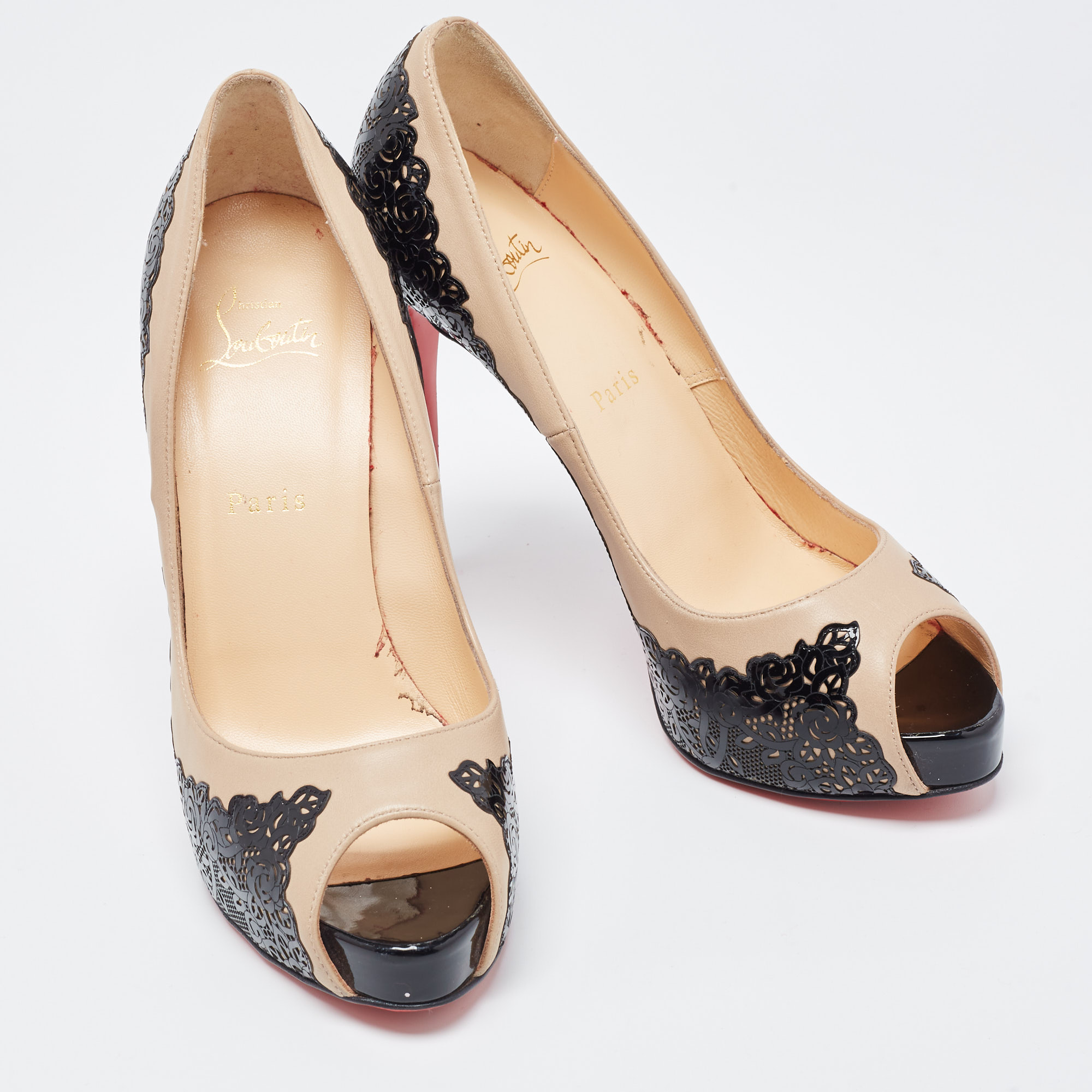 Christian Louboutin Two Tone Laser Cut Patent And Leather Veramucha Peep Toe Pumps Size 39