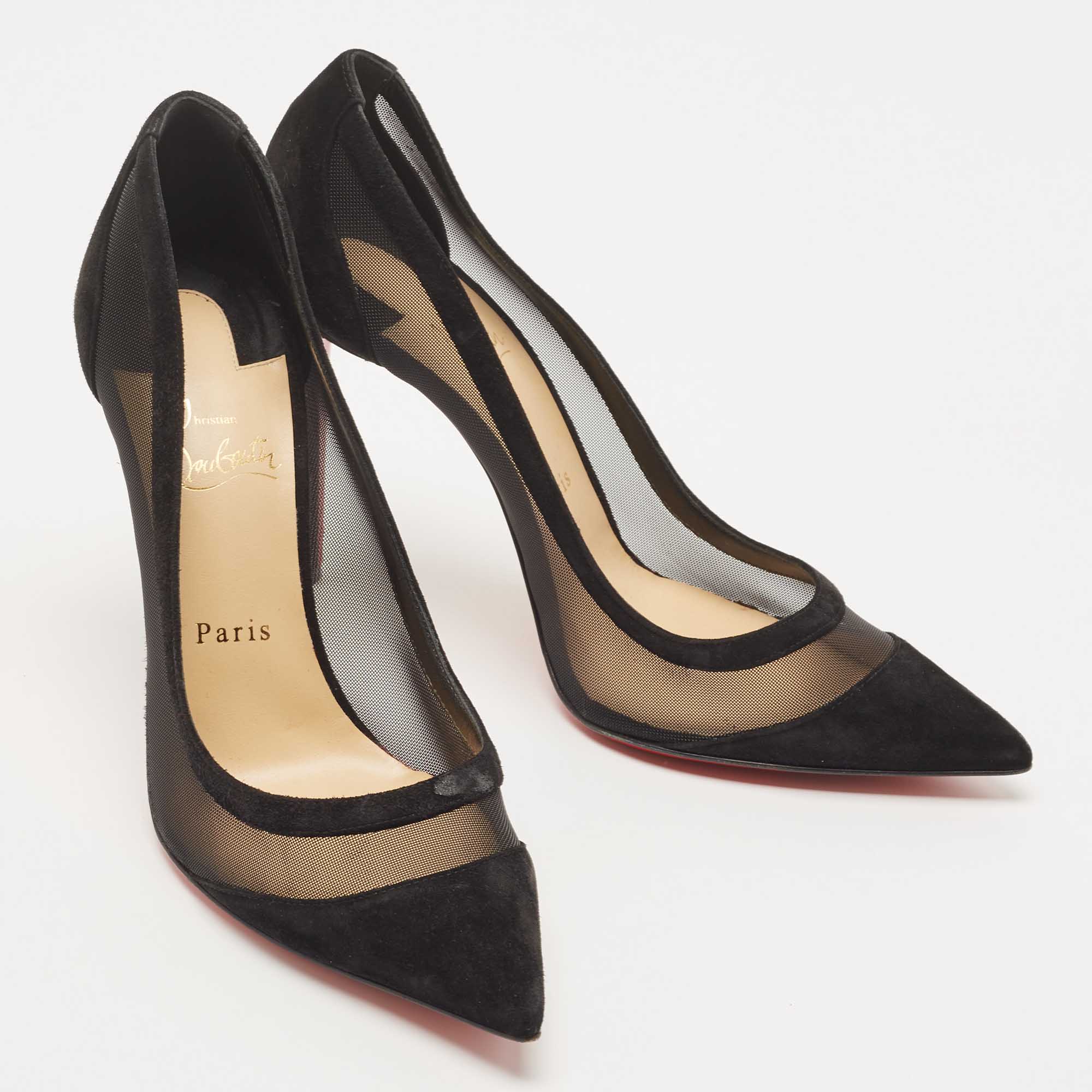 Christian Louboutin Black Mesh And Suede Galativi Pointed Toe Pumps Size 40.5