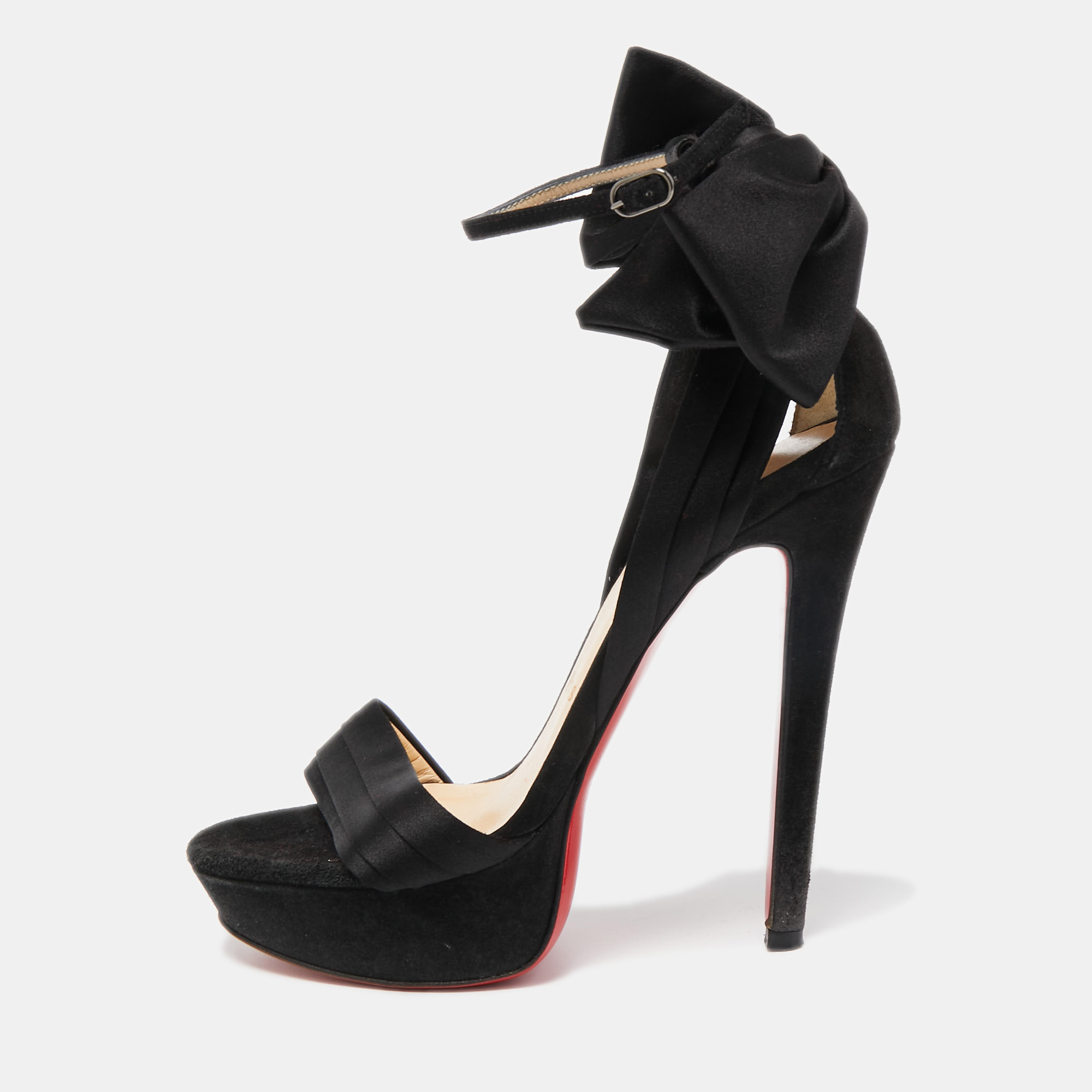 Christian Louboutin Black Satin And Suede Vampanodo Bow Platform Ankle Strap Size 35.5