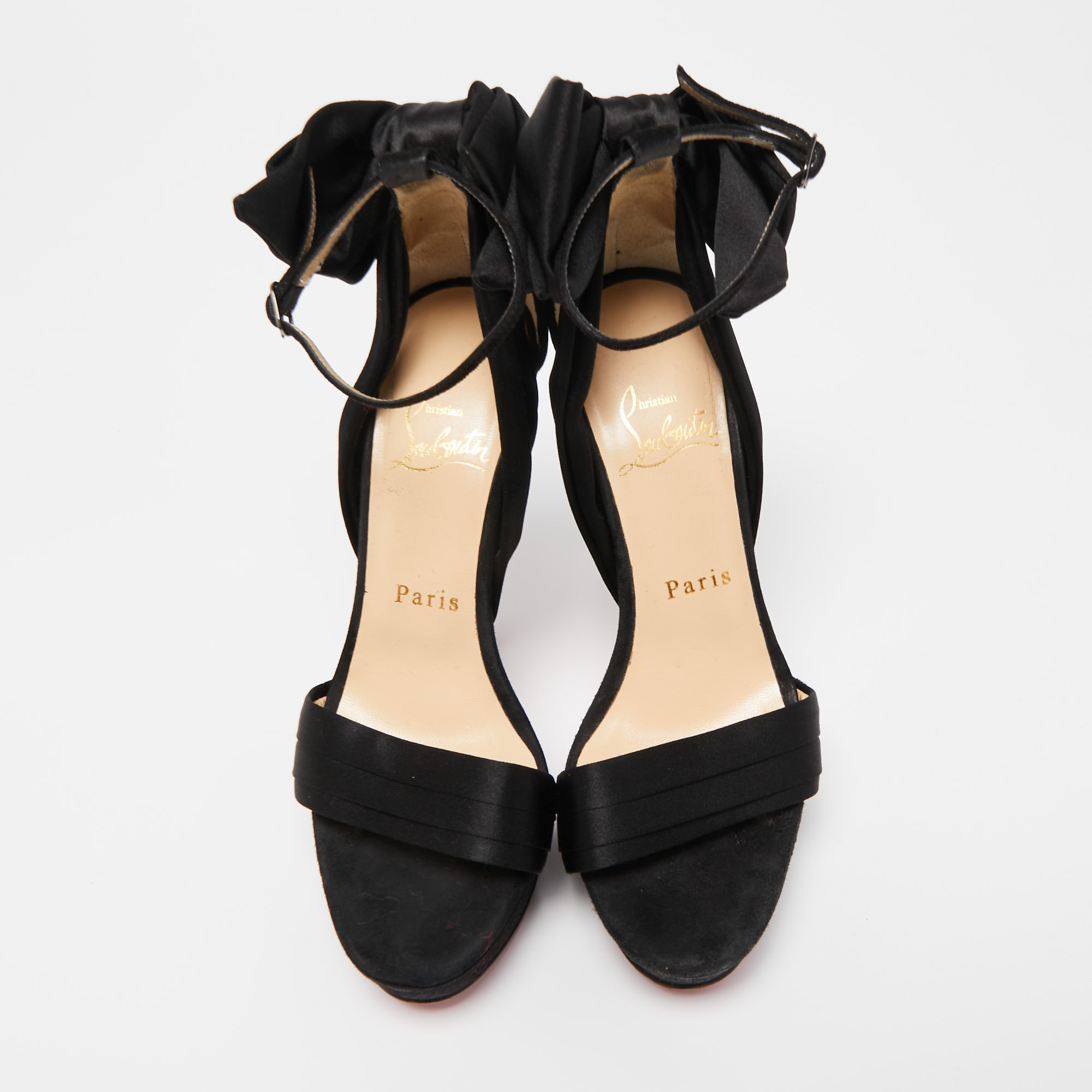 Christian Louboutin Black Satin And Suede Vampanodo Bow Platform Ankle Strap Size 35.5