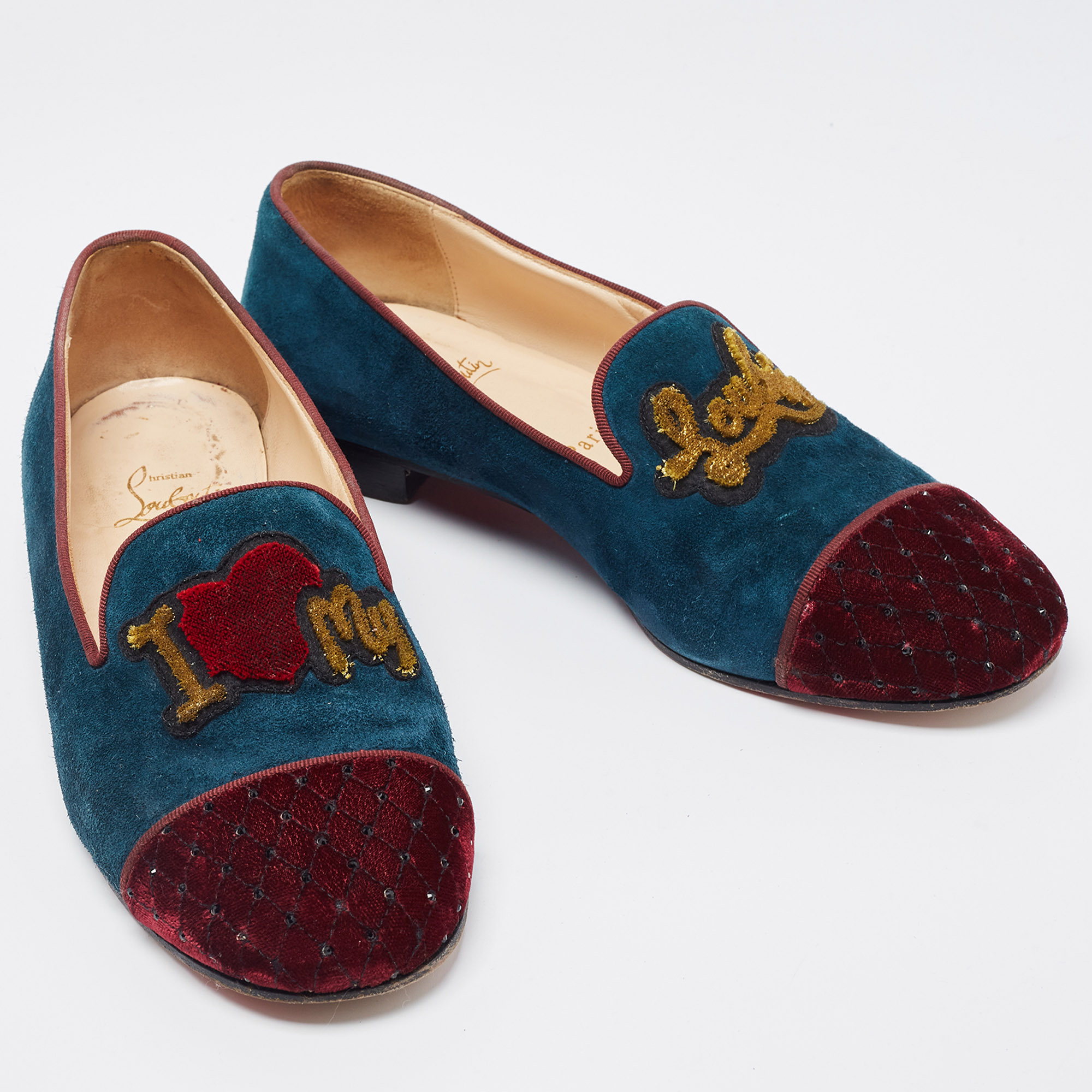 Christian Louboutin Two Tone Suede And Velvet I Love My Loubies Smoking Slippers Size 39