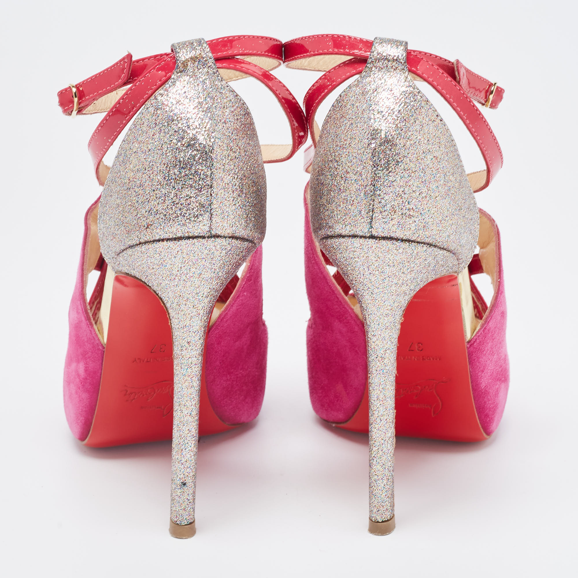 Christian Louboutin Pink/Metallic Bronze Suede And Leather Ankle Strap Sandals Size 37