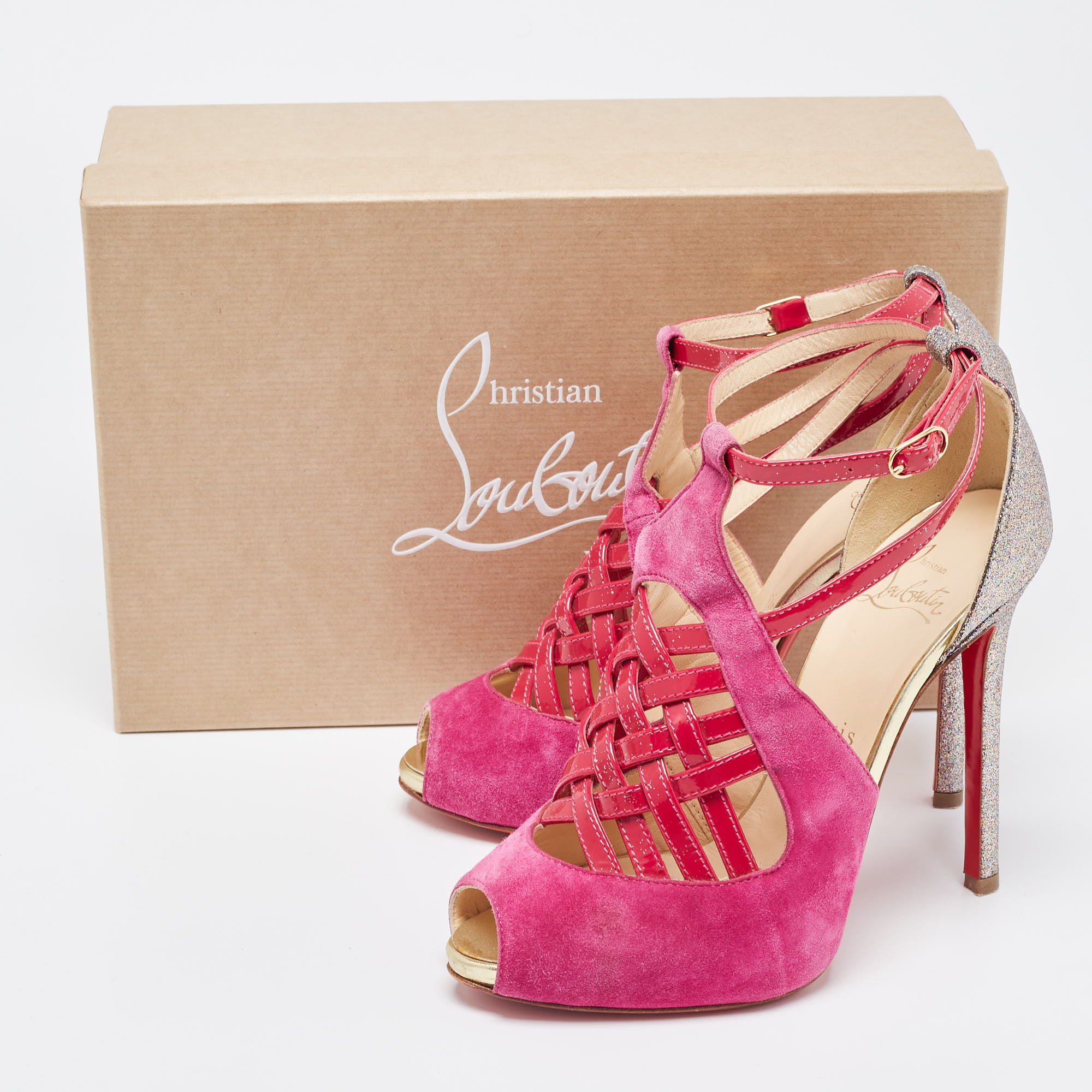Christian Louboutin Pink/Metallic Bronze Suede And Leather Ankle Strap Sandals Size 37