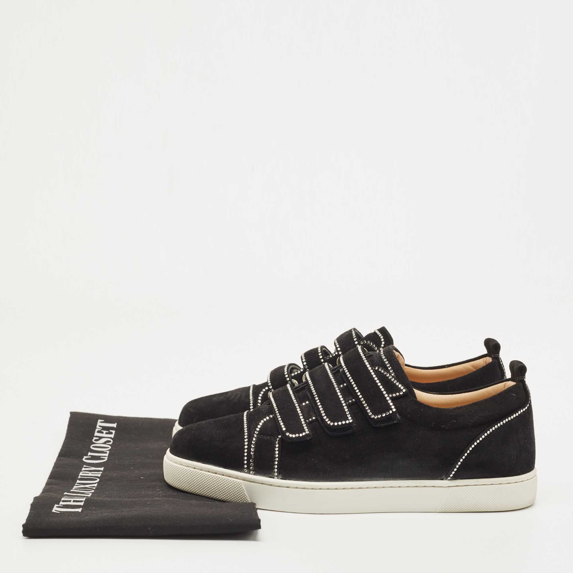 Christian Louboutin Black Suede Kiddo Bordo Embellished Velcro Low Top Sneakers Size 38.5