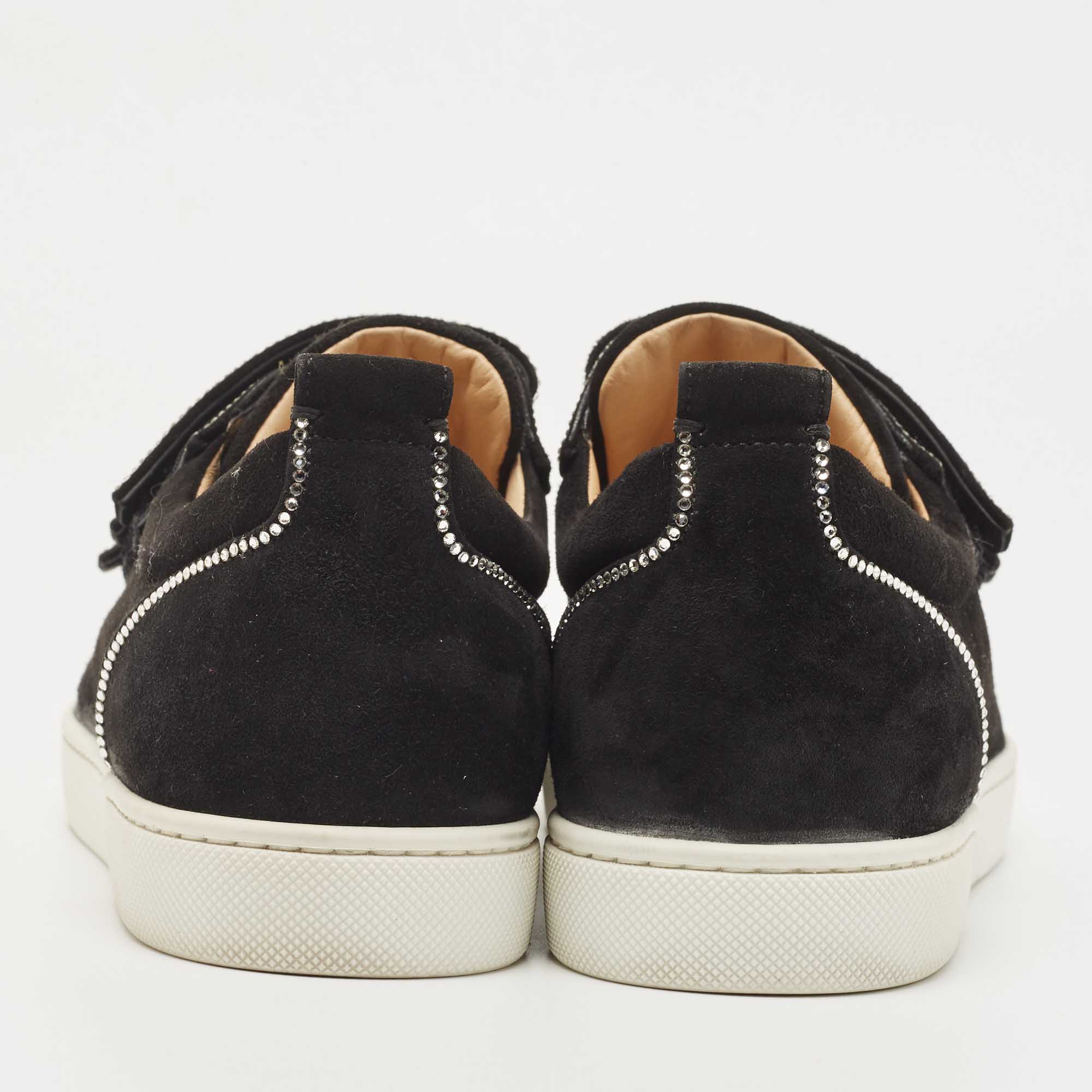 Christian Louboutin Black Suede Kiddo Bordo Embellished Velcro Low Top Sneakers Size 38.5