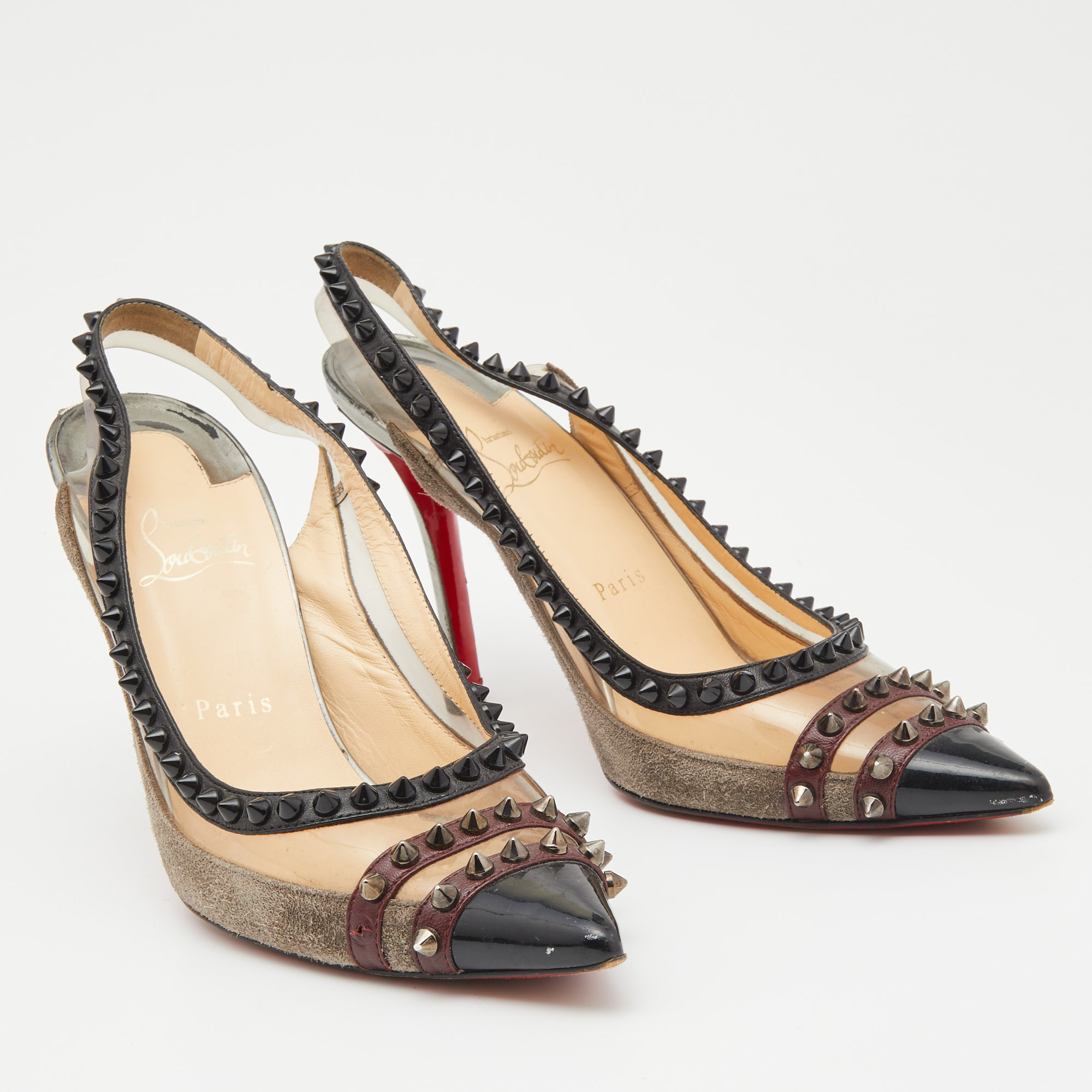 Christian Louboutin Multicolor PVC And Suede Paulina Studded Slingback Pumps Size 39.5