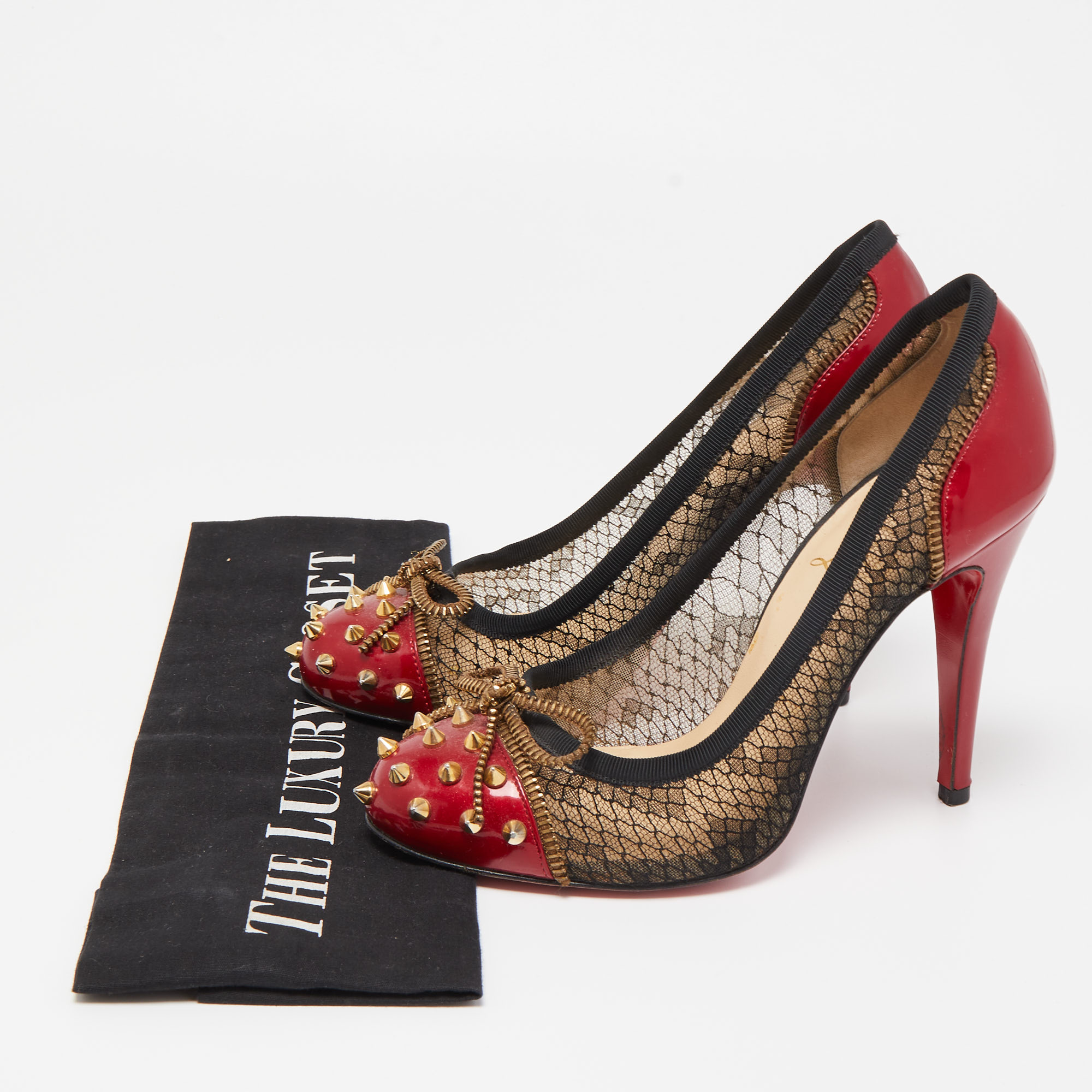 Christian Louboutin Black/Red Lace And Patent Leather Candy Spike Pumps Size 36