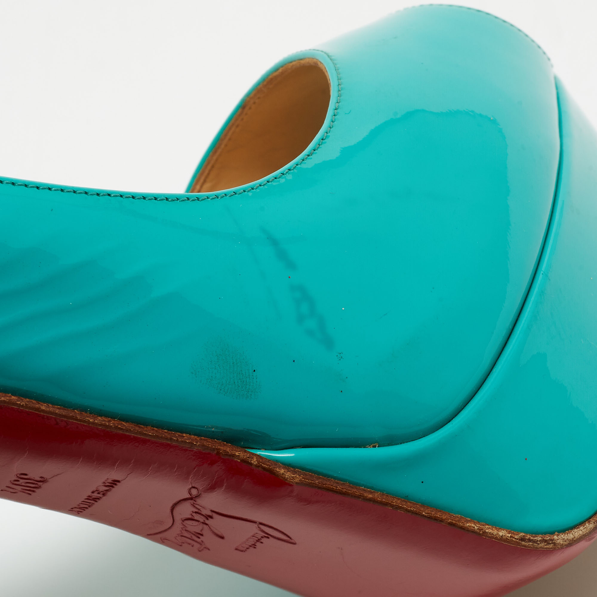 Christian Louboutin Turquoise Patent Leather Lady Peep Sling Pumps Size 39.5