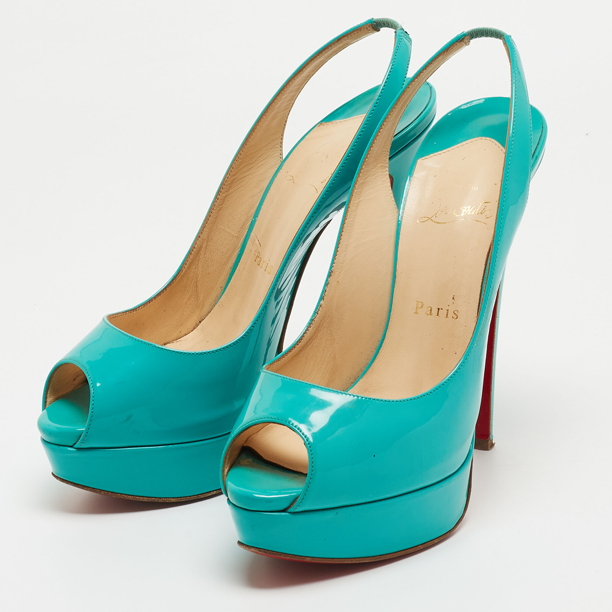 Christian Louboutin Turquoise Patent Leather Lady Peep Sling Pumps Size 39.5