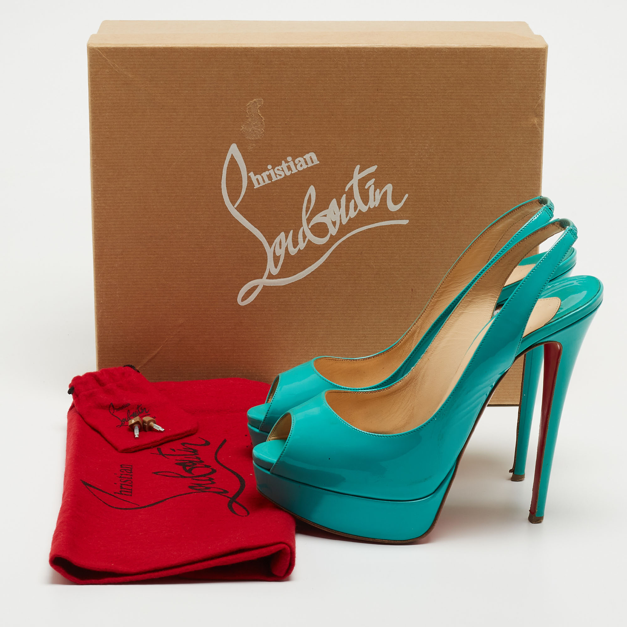 Christian Louboutin Turquoise Patent Leather Lady Peep Sling Pumps Size 39.5