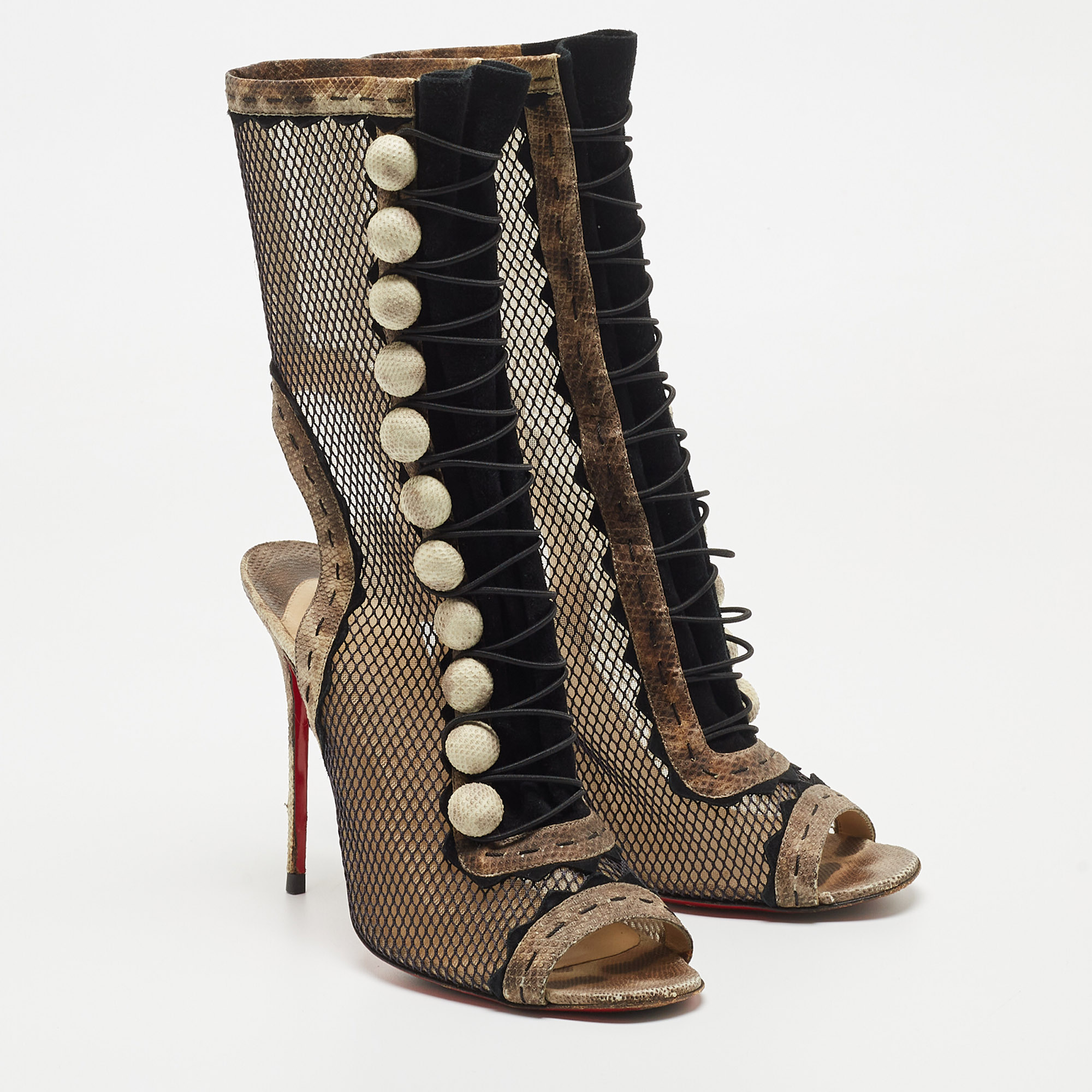 Christian Louboutin Black/Brown Watersnake And Mesh Attention Cut Out Booties Size 39.5