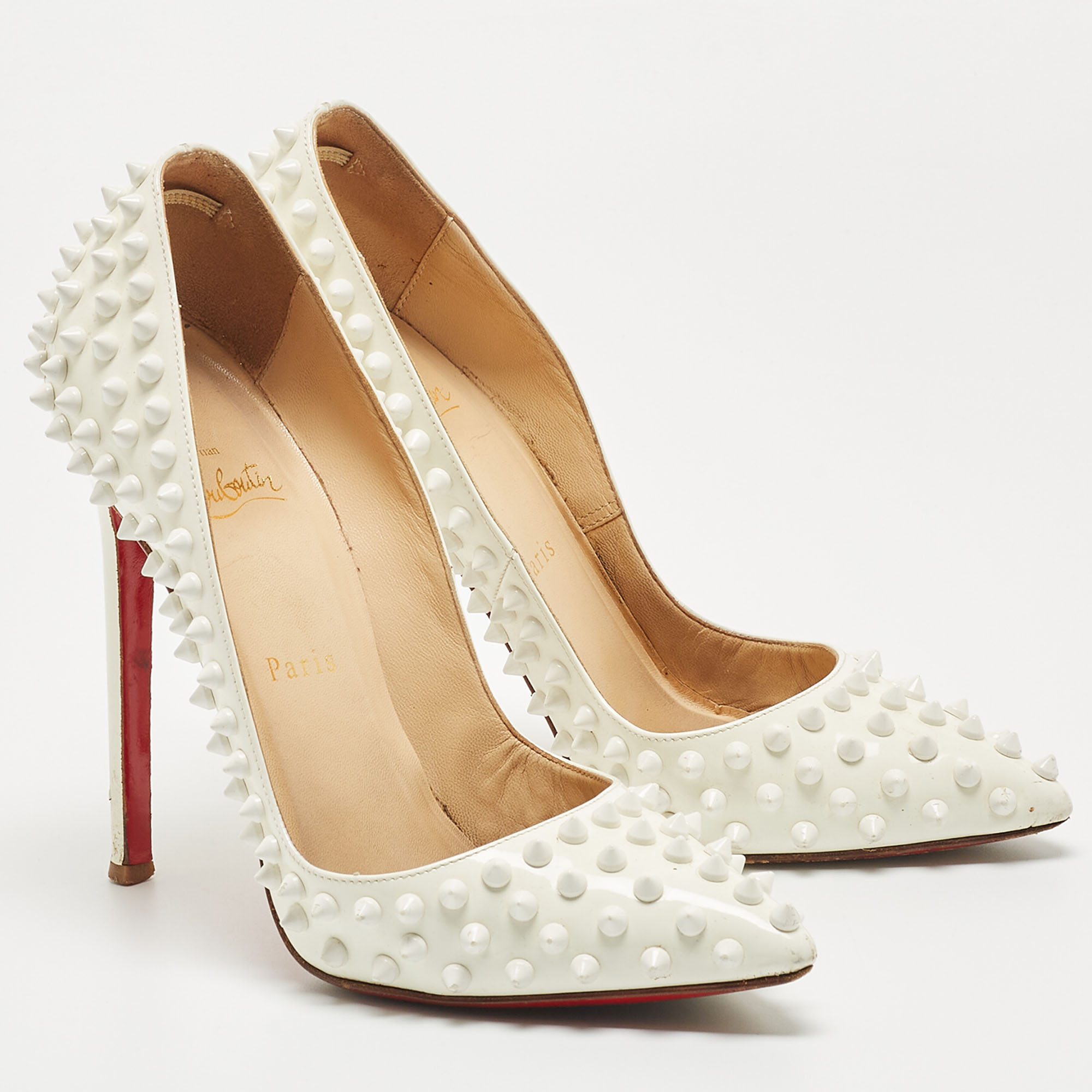 Christian Louboutin White Patent Leather Pigalle Spikes Pumps Size 37.5