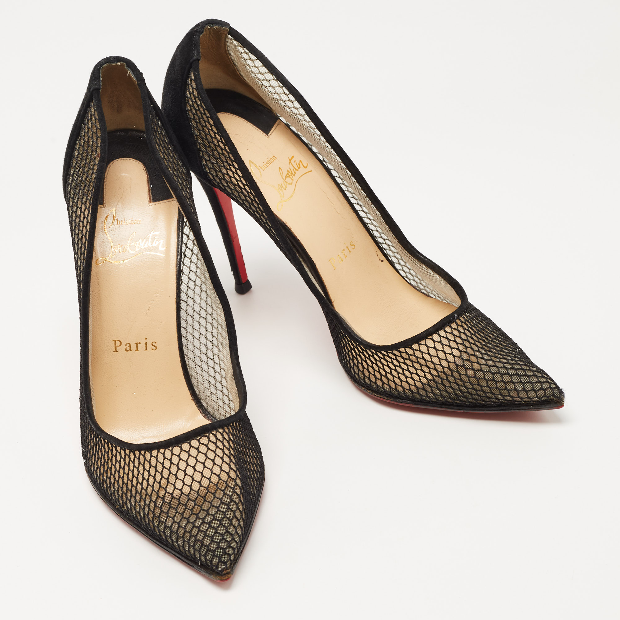 Christian Louboutin Black Mesh And Suede Follies Resille Pumps Size 37.5
