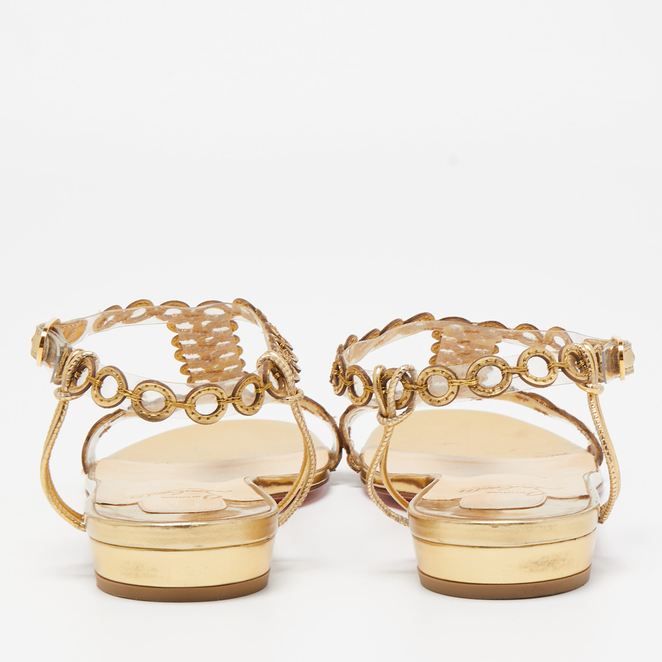 Christian Louboutin Gold Laser Cut Leather And PVC Flat Sandals Size 38.5