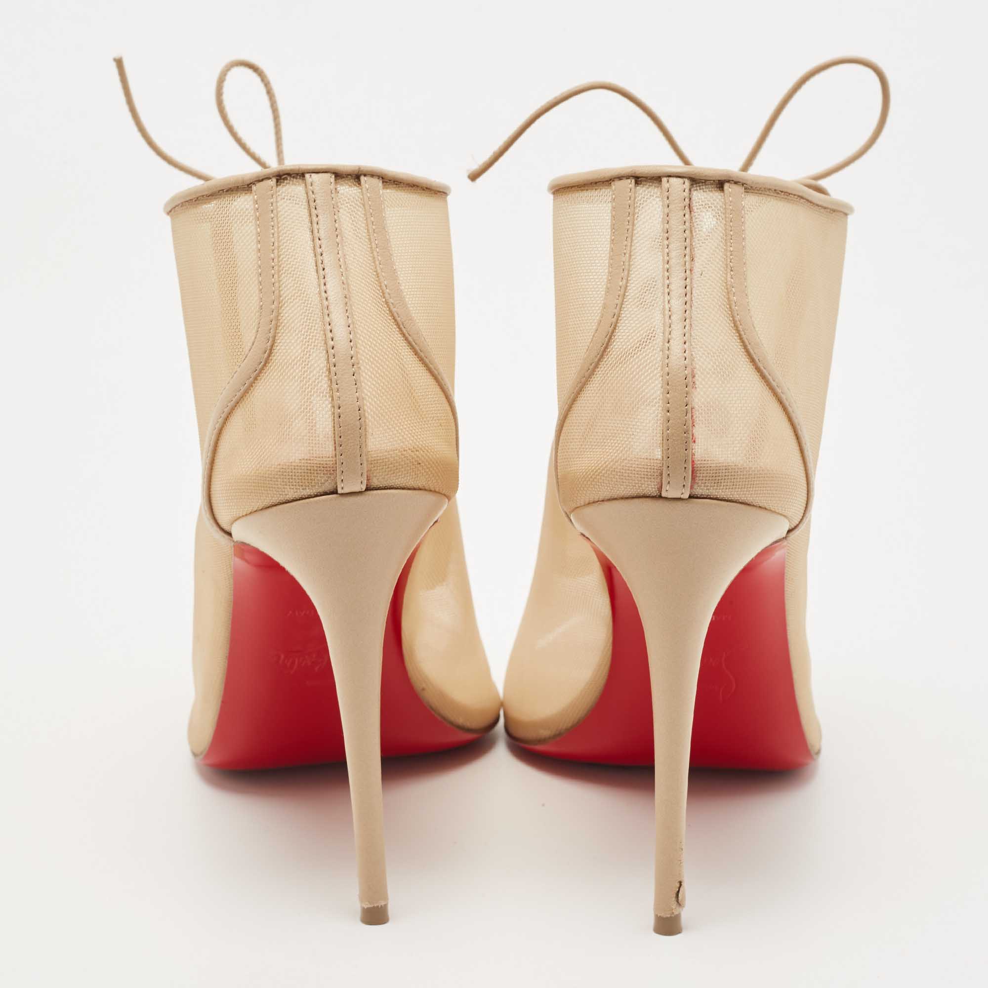 Christian Louboutin Beige Mesh And Leather Open Ondessa Lace Up Booties Size 37