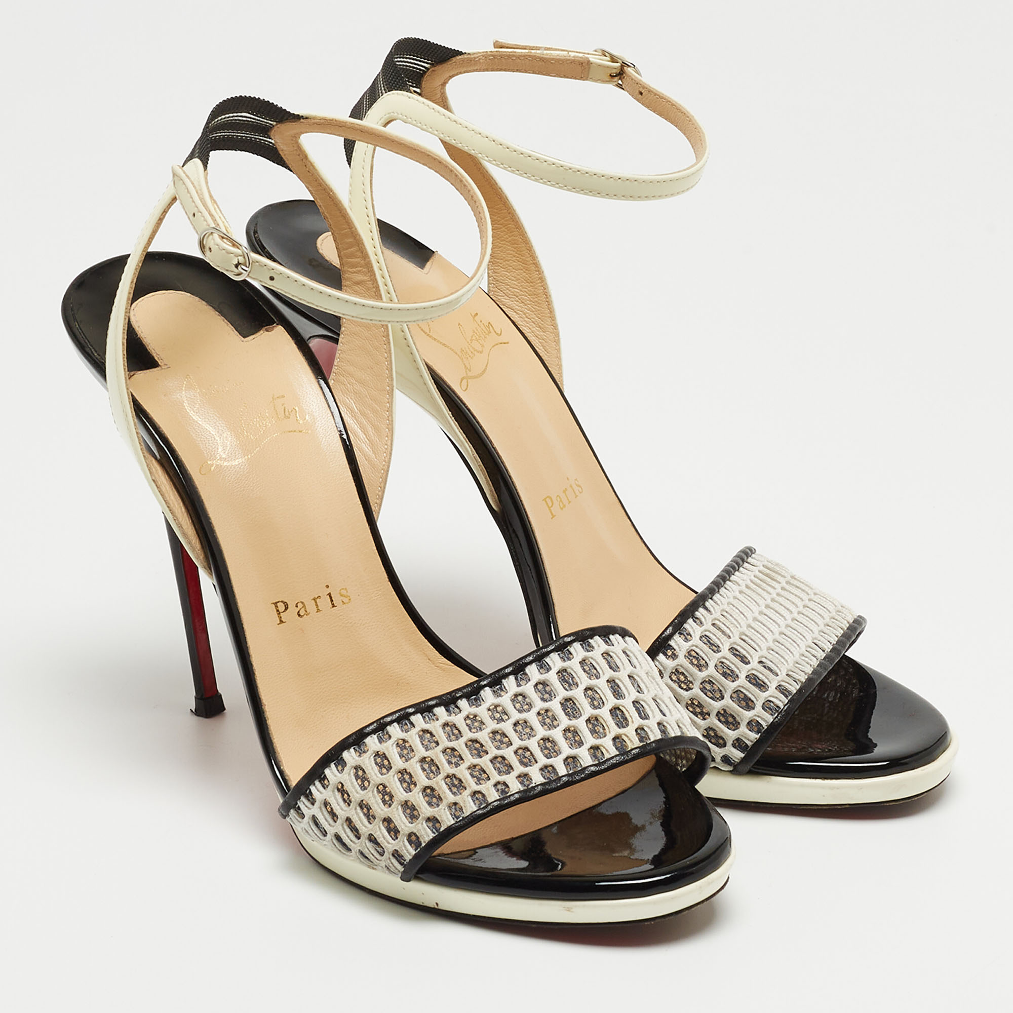 Christian Louboutin Two Tone Mesh And Patent Leather Discoport Sandals Size 37.5