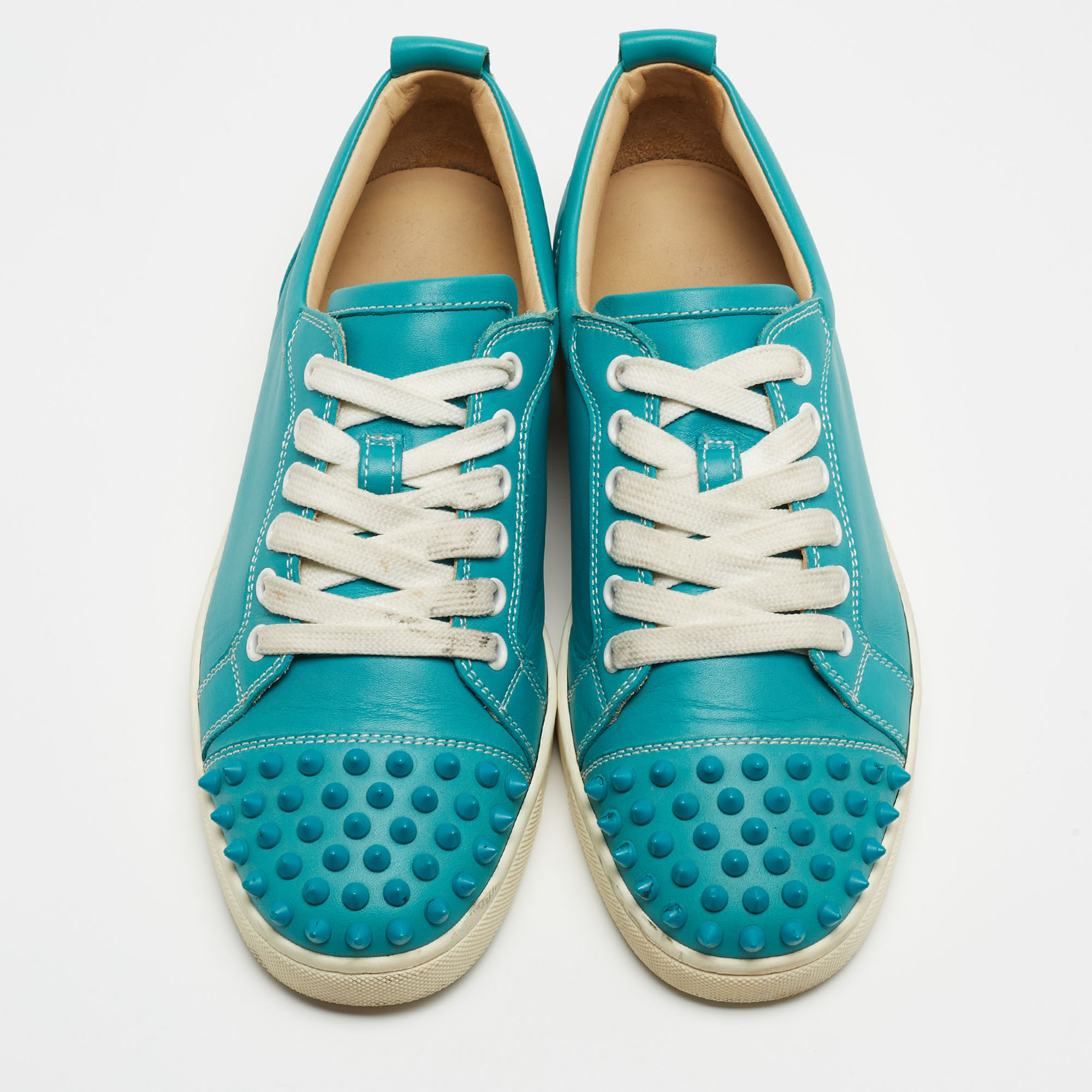 Christian Louboutin Turquoise Leather Louis Junior Spikes Sneakers Size 38