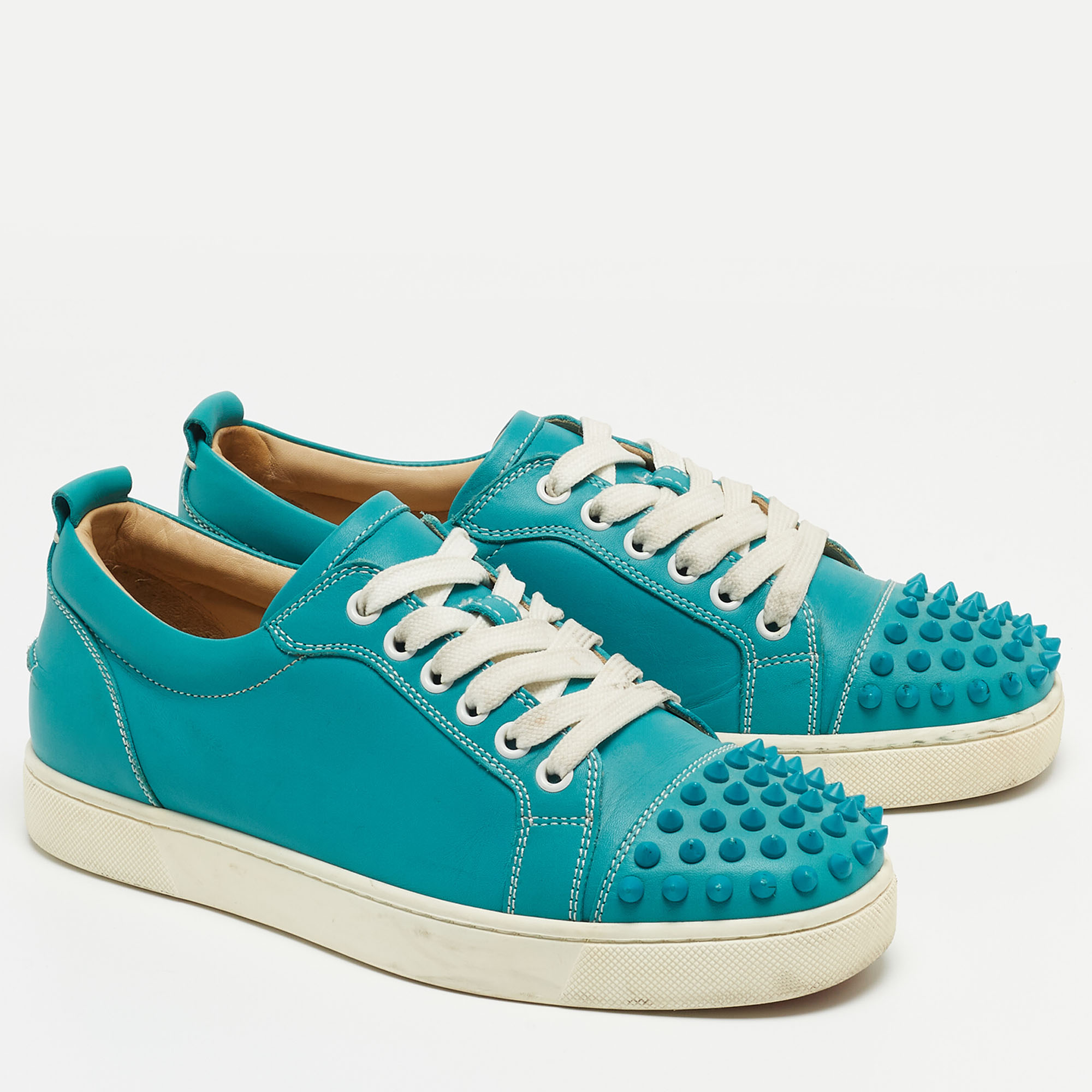 Christian Louboutin Turquoise Leather Louis Junior Spikes Sneakers Size 38
