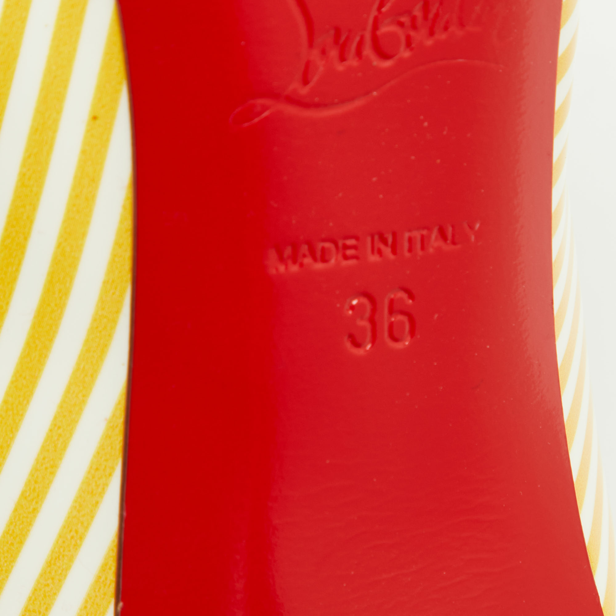 Christian Louboutin Yellow/White Stripe Patent Leather Pigalle Follies Pumps Size 36