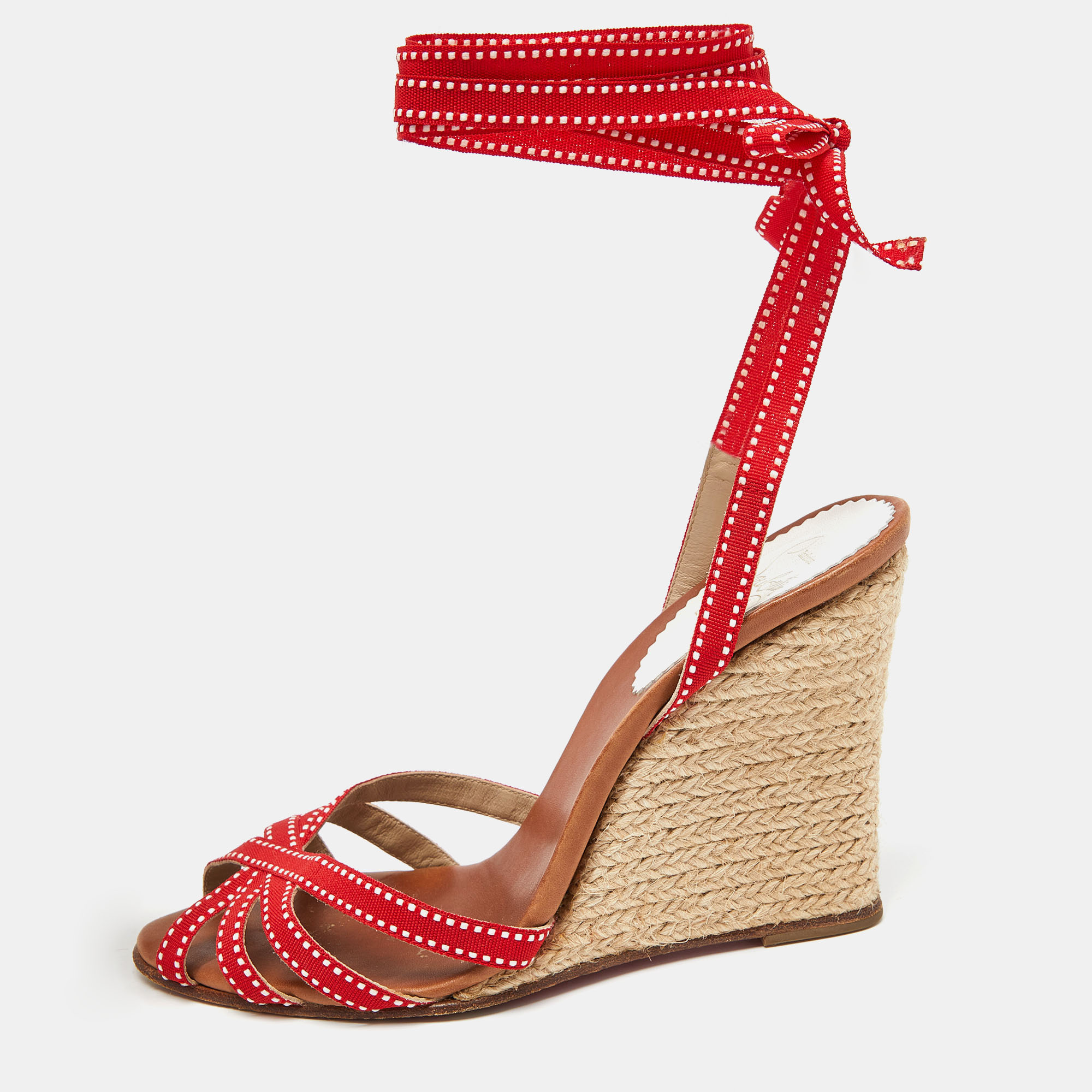 Christian louboutin red fabric wedge espadrille ankle wrap sandals size 37