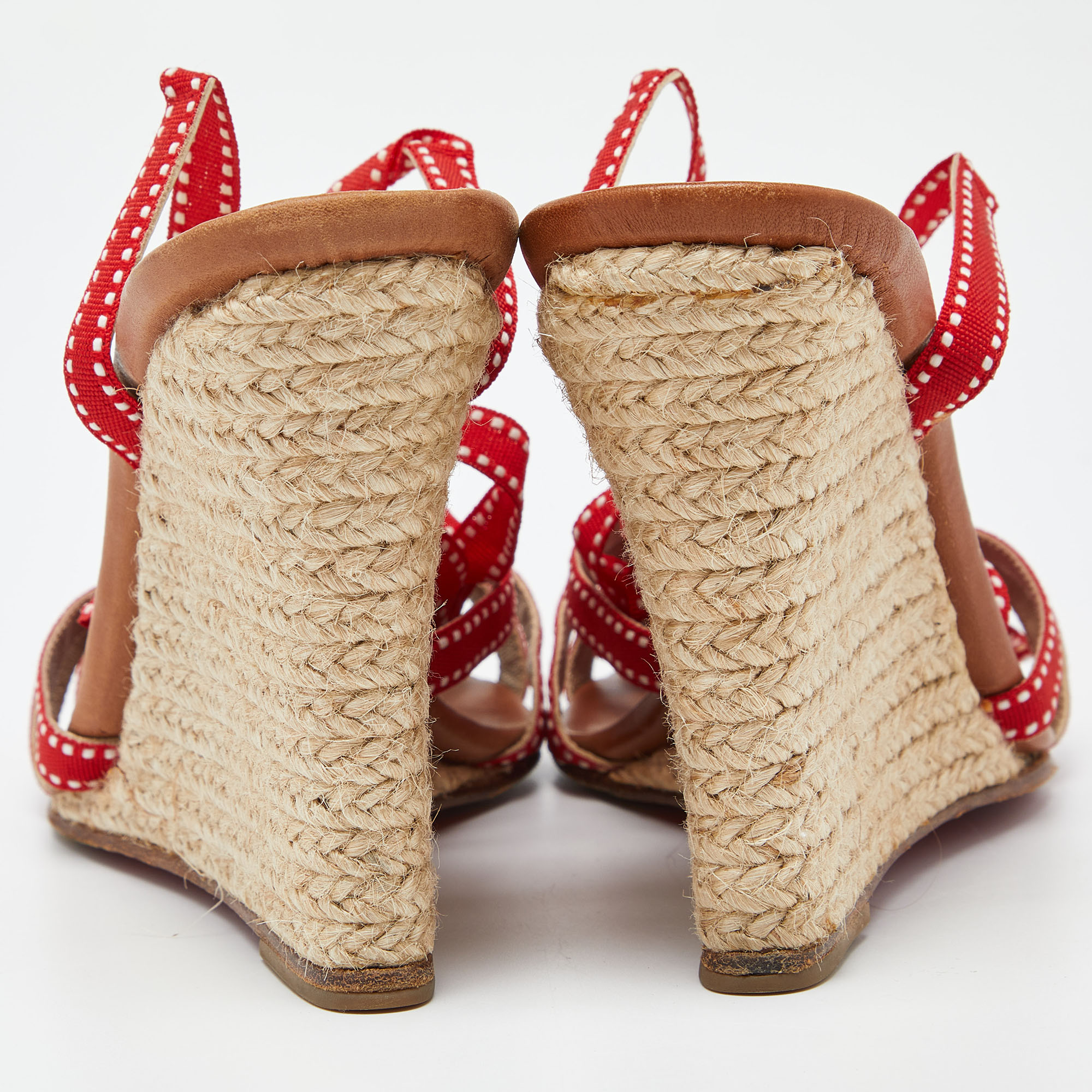 Christian Louboutin Red Fabric Wedge Espadrille Ankle Wrap Sandals Size 37