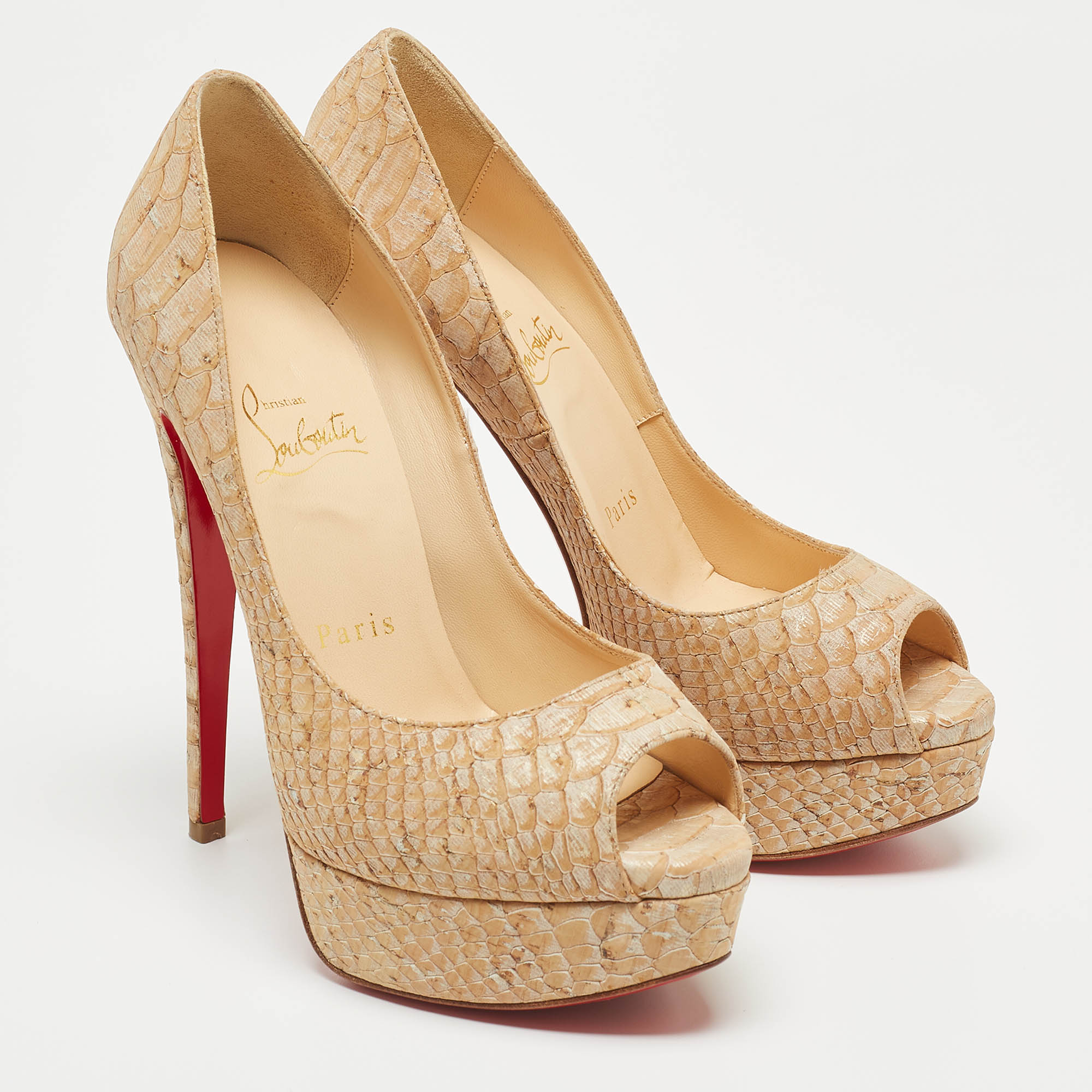 Christian Louboutin Two Tone Python Embossed Leather Lady Peep Pumps Size 36