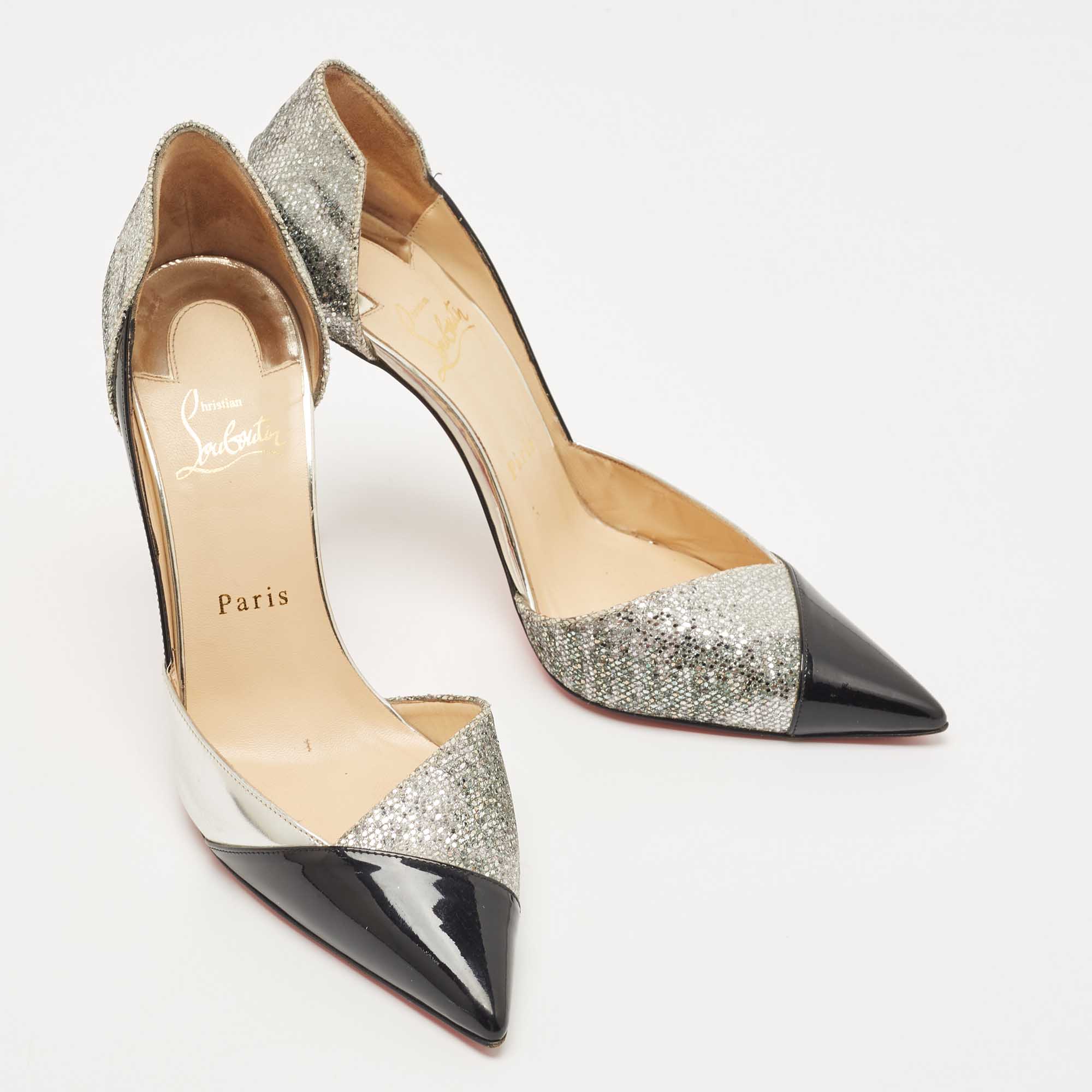 Christian Louboutin Silver/Black Patent And Glitter Tac Clac Pumps Size 38.5
