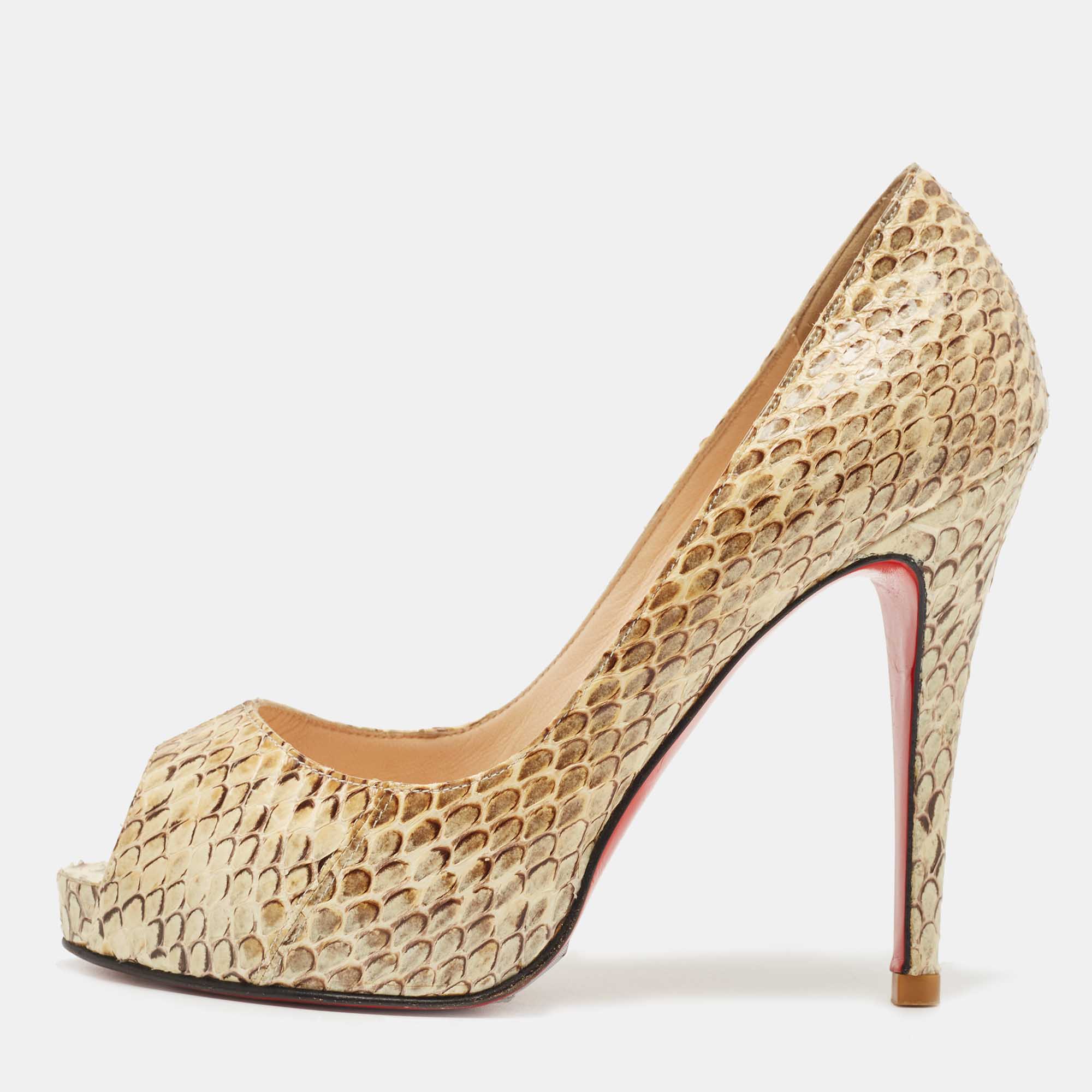 Christian Louboutin Beige Python Leather Very Prive Peep Toe Pumps Size 36.5