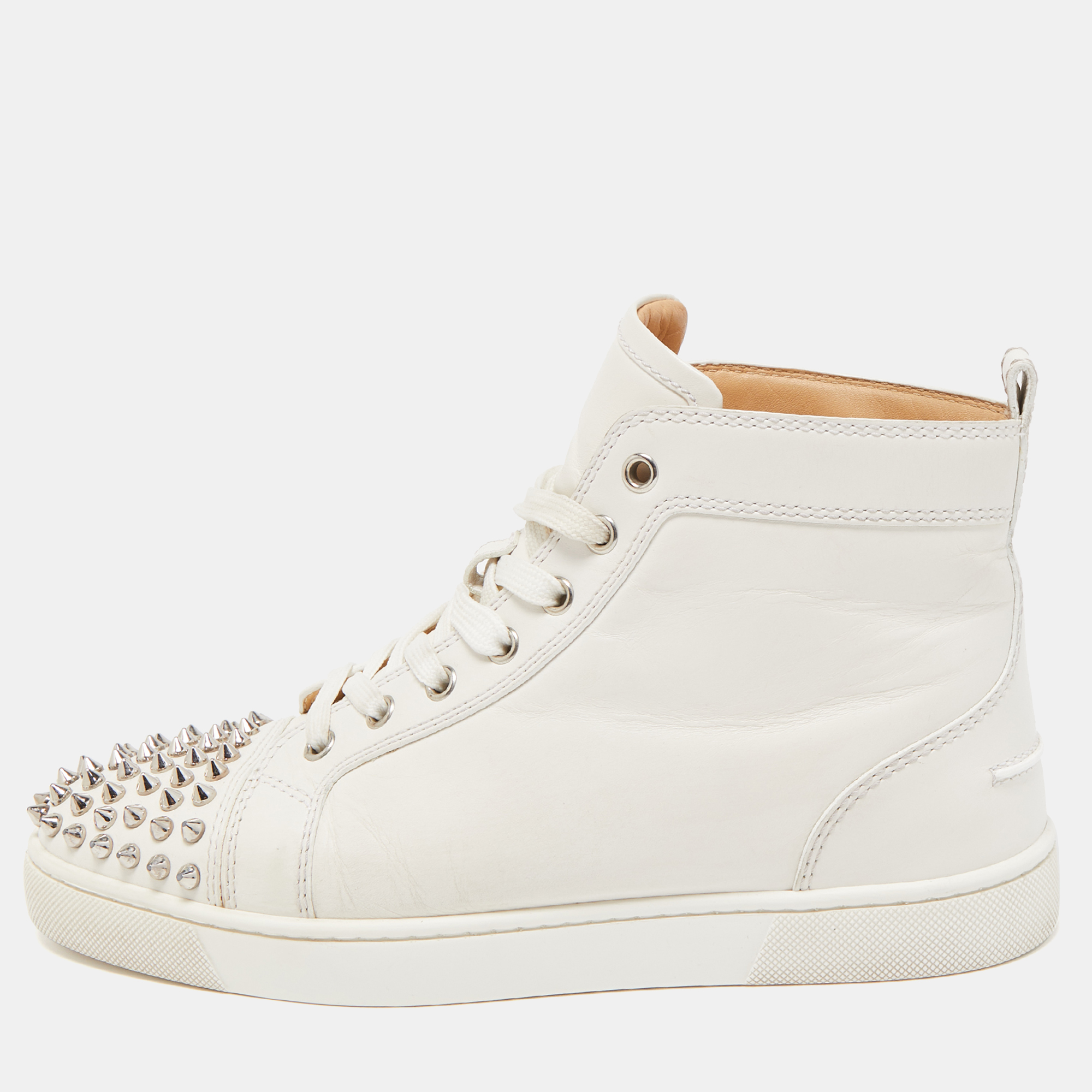 Christian Louboutin White Leather Lou Spikes High Top Sneakers Size 40