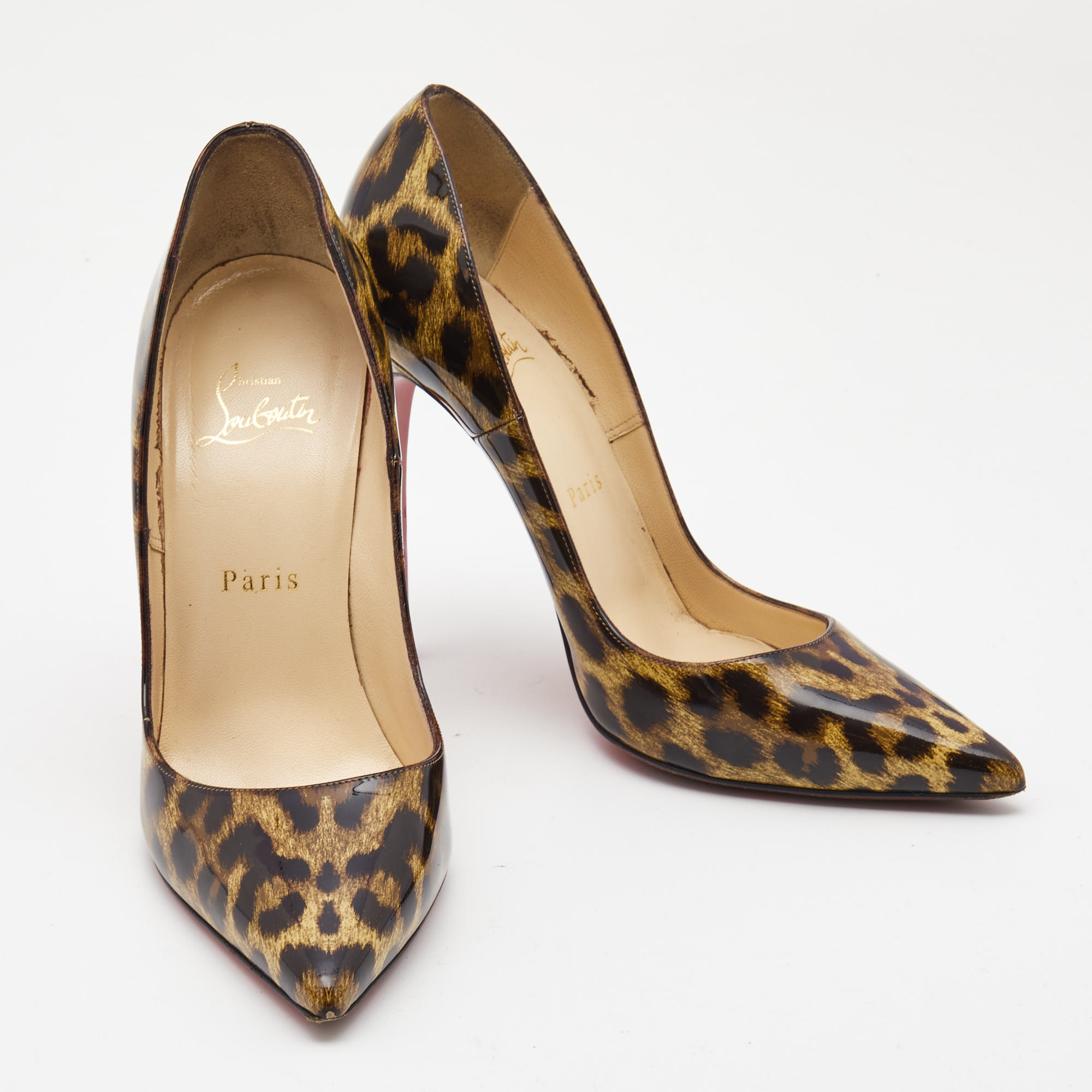 Christian Louboutin Brown/Beige Leopard Print Patent Leather So Kate Pumps Size 38