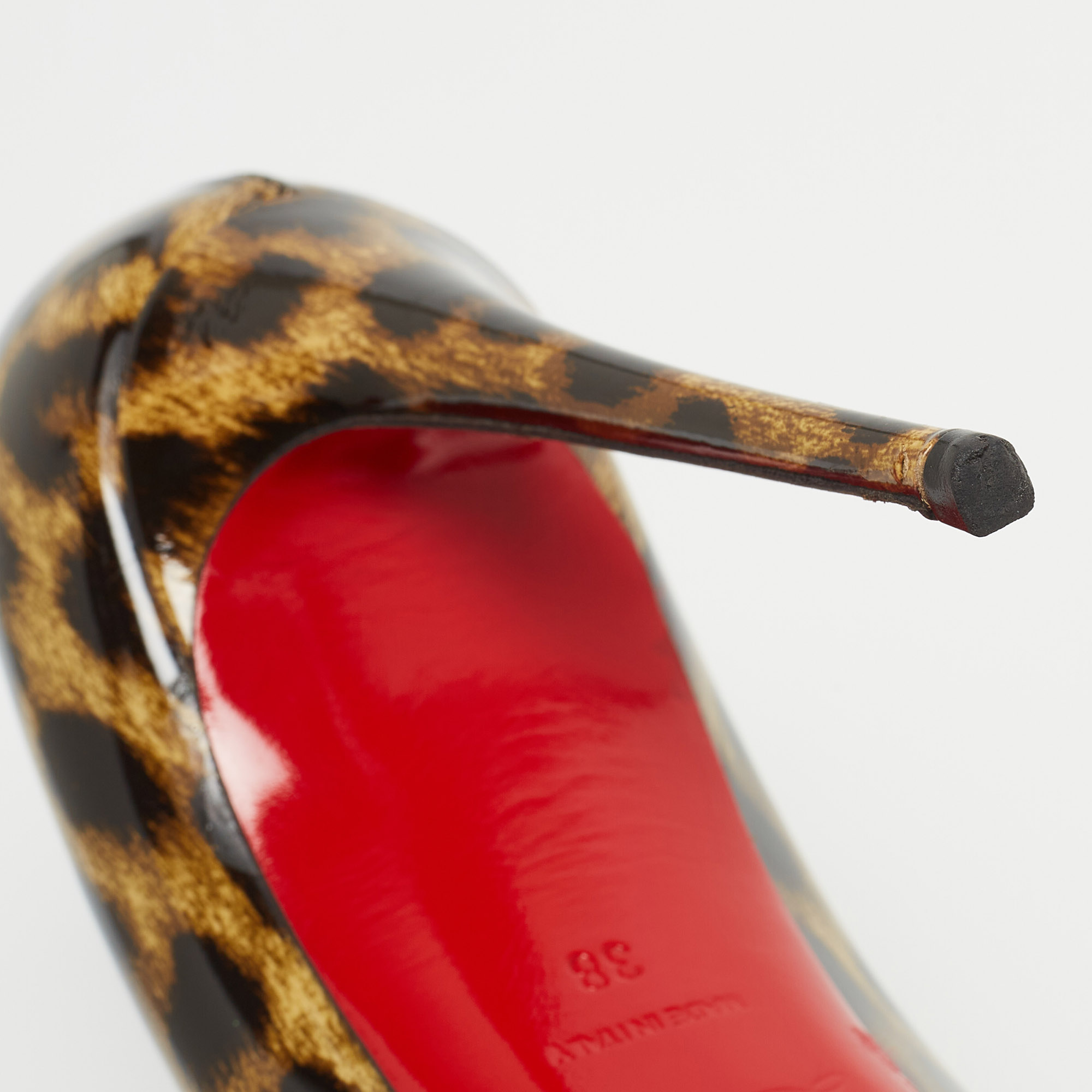 Christian Louboutin Brown/Beige Leopard Print Patent Leather Doracora Pumps Size 38