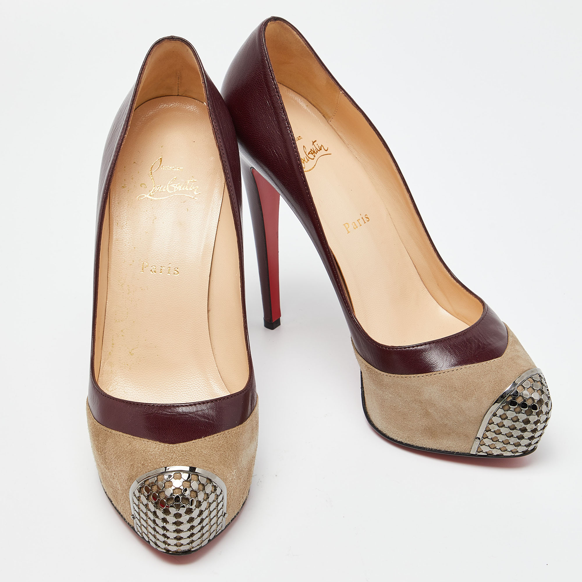 Christian Louboutin Burgundy/Grey Leather And Suede Maggie Platform Pumps Size 40.5