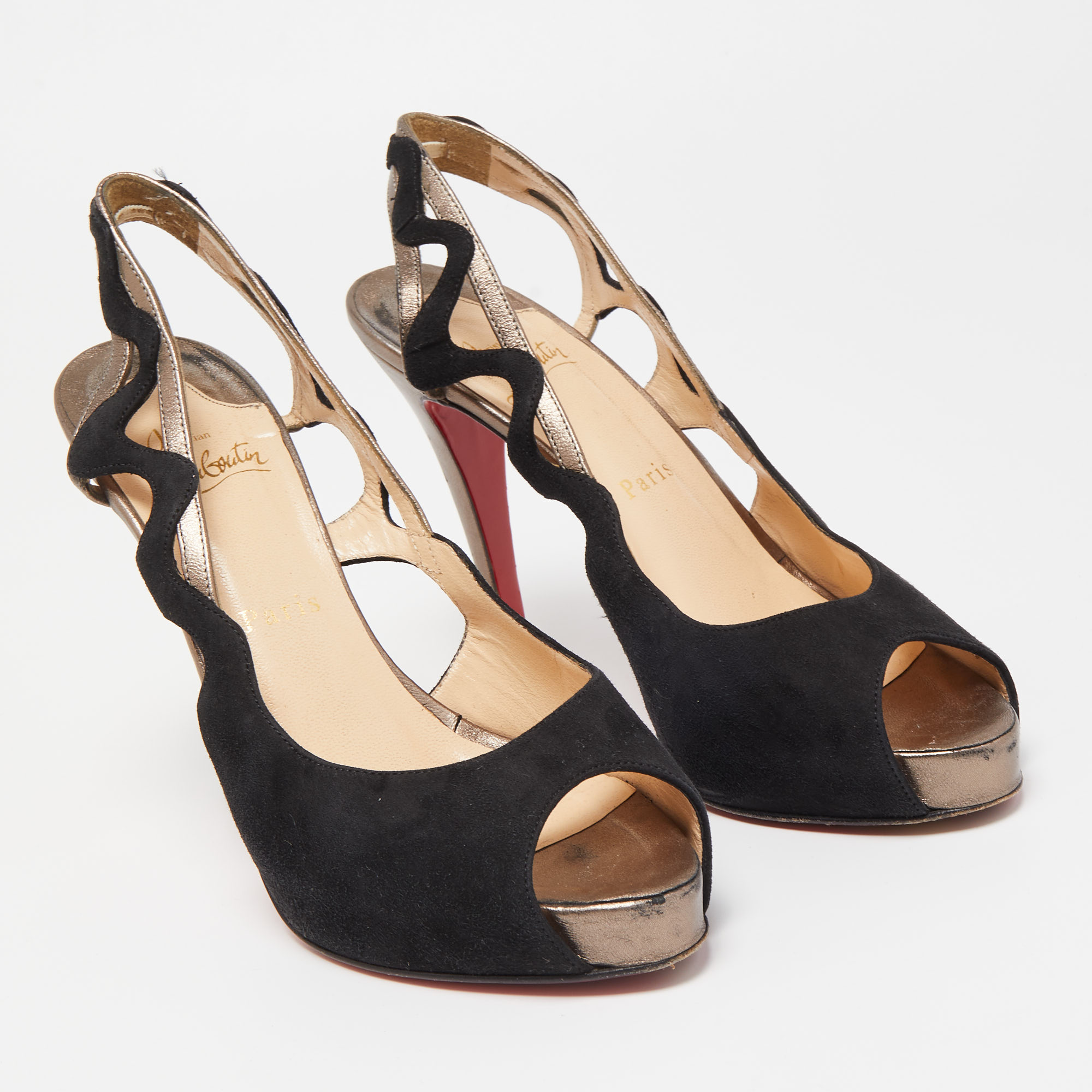 Christian Louboutin Black Suede And Leather Slingback Pumps Size 38.5