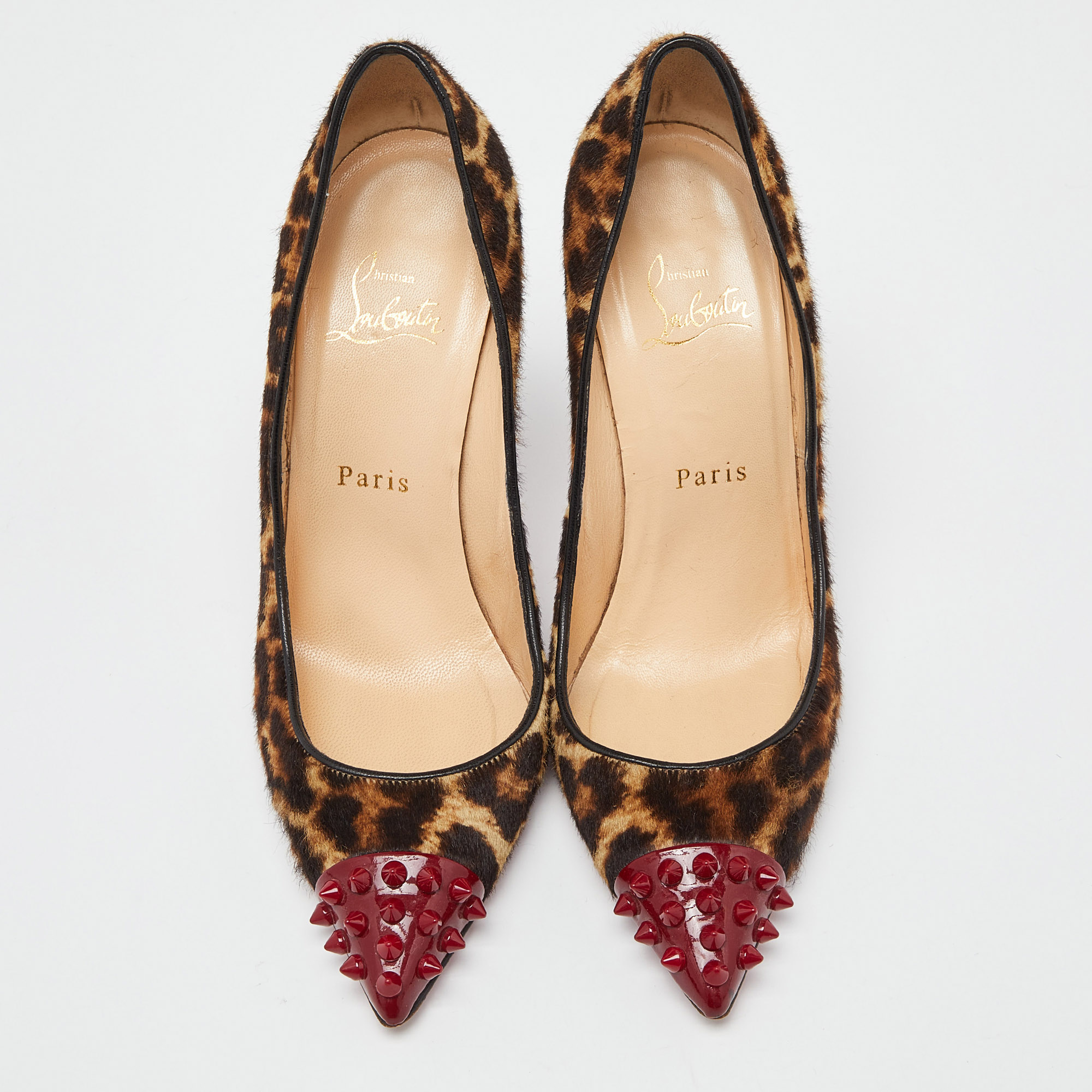 Christian Louboutin Brown/Red Leopard Print Calfhair Geo Spike Studded Cap Toe Pumps Size 37
