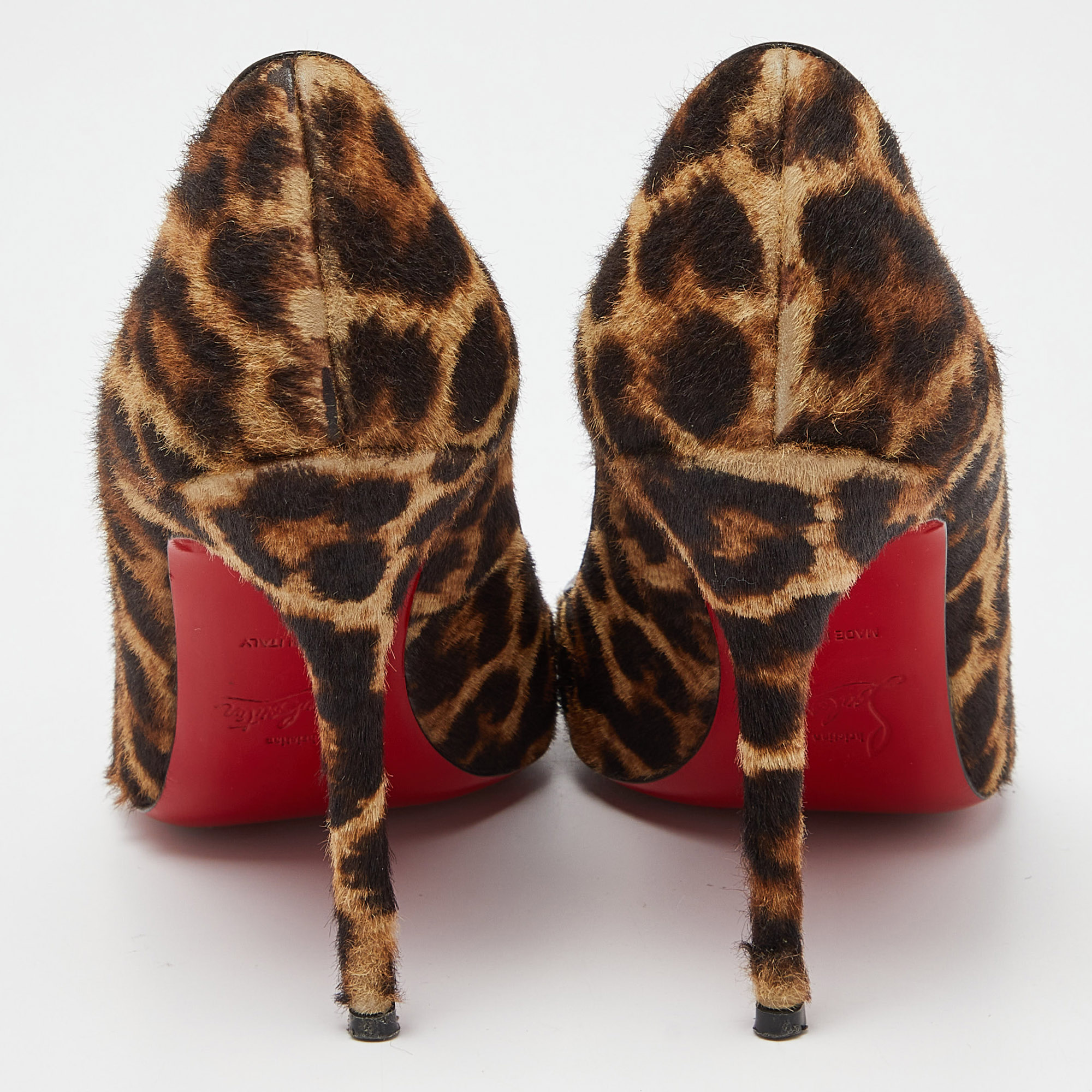 Christian Louboutin Brown/Red Leopard Print Calfhair Geo Spike Studded Cap Toe Pumps Size 37