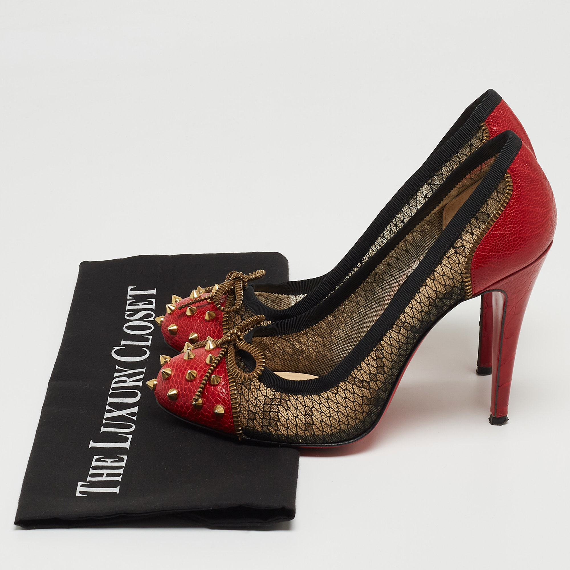 Christian Louboutin Black/Red Lace And Ostrich Leather Candy Spike Round Toe Pumps Size 38