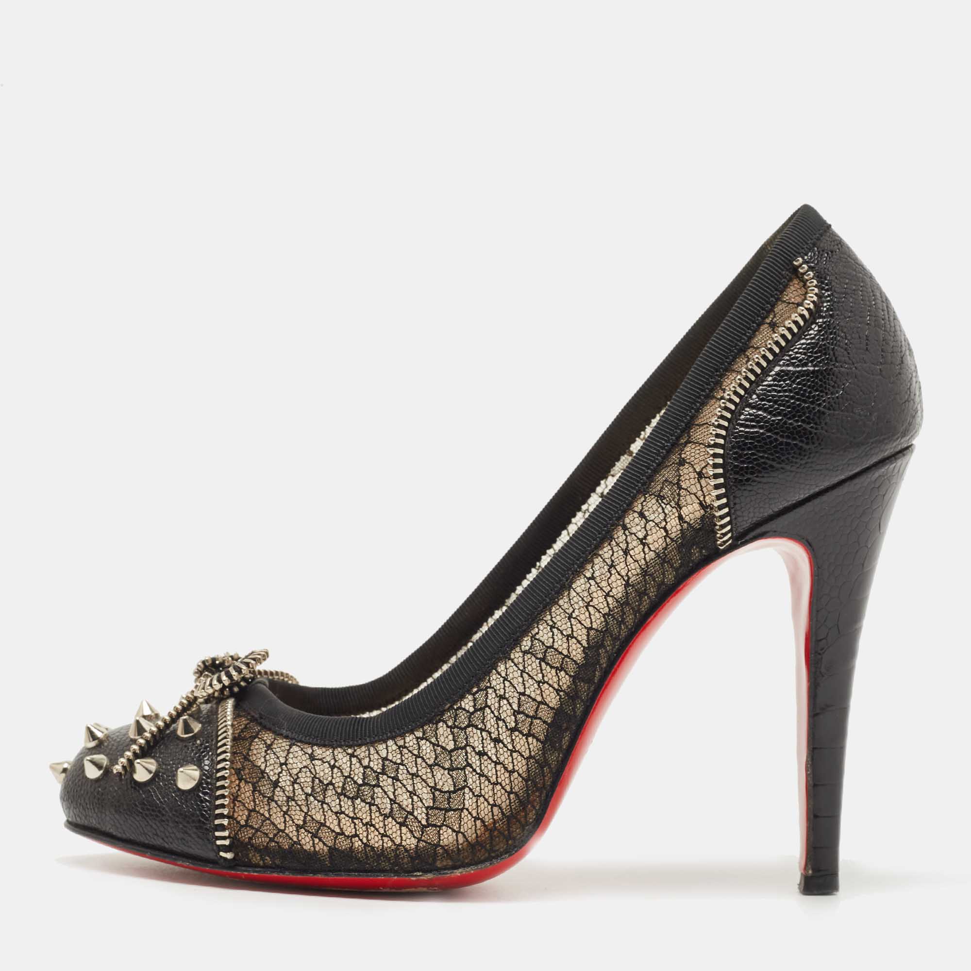 Christian louboutin black leather and lace candy spiked pumps size 38