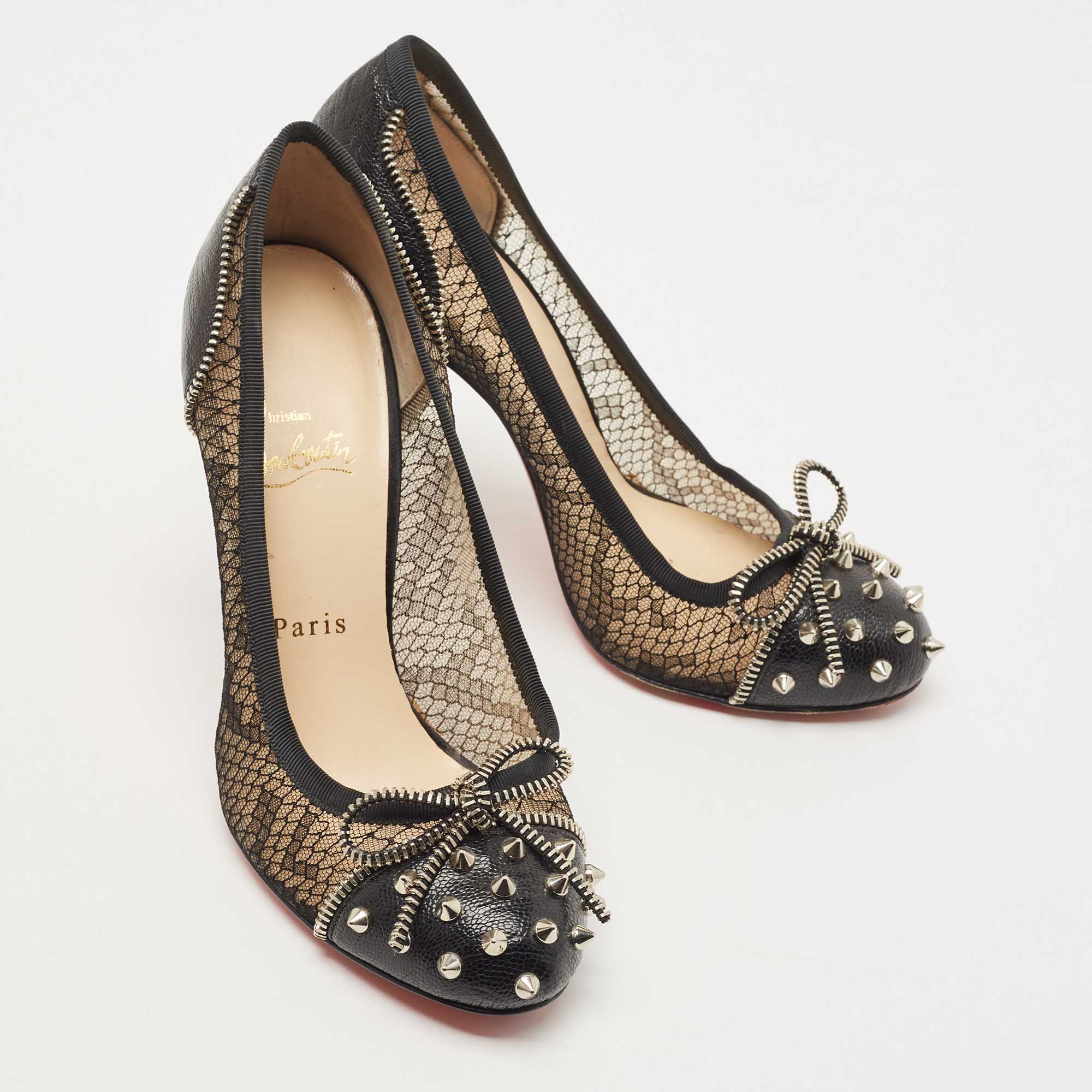 Christian Louboutin Black Leather And Lace Candy Spiked Pumps Size 38