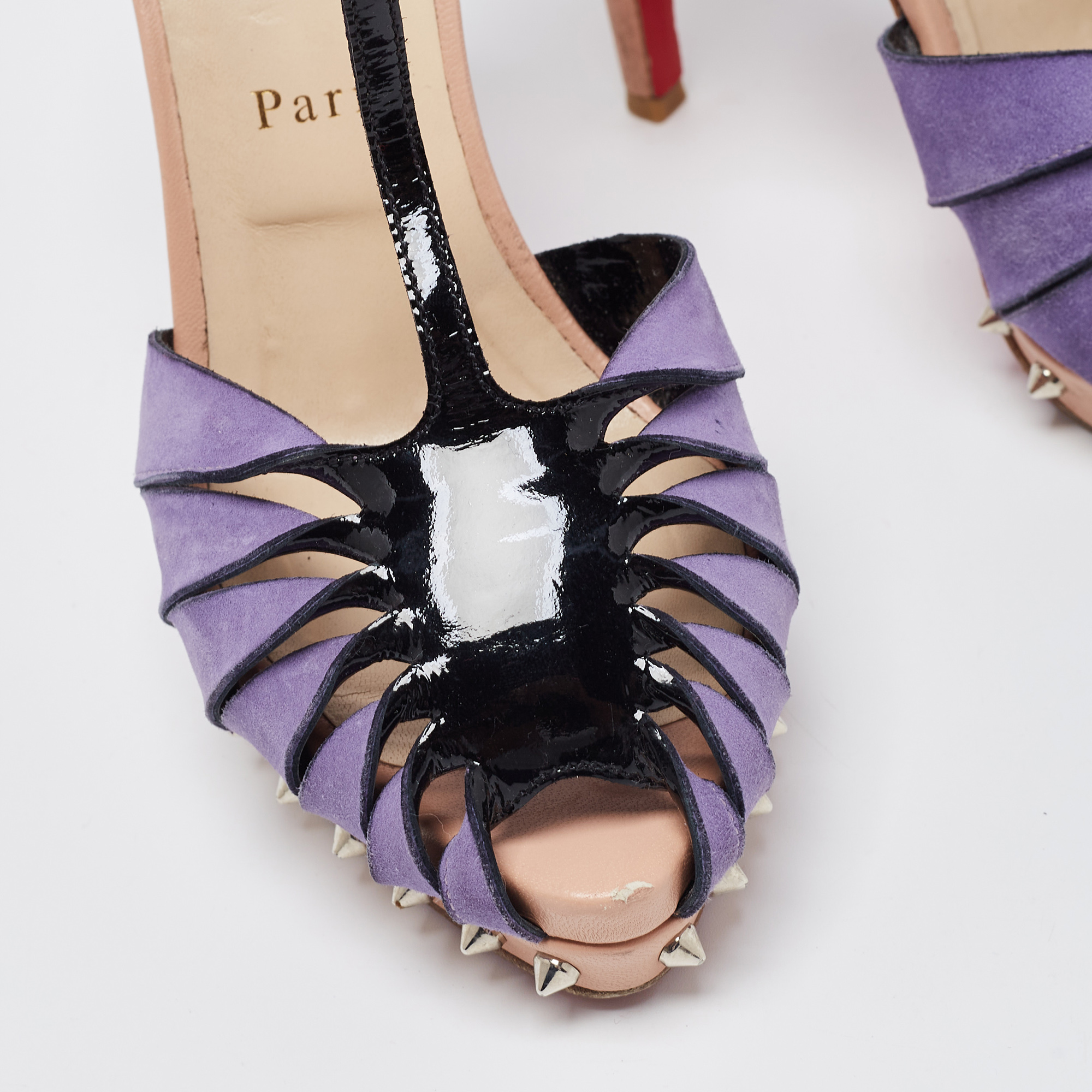 Christian Louboutin Purple/Black Suede And Patent Leather Zigounette Spiked Slingback Sandals Size 38.5