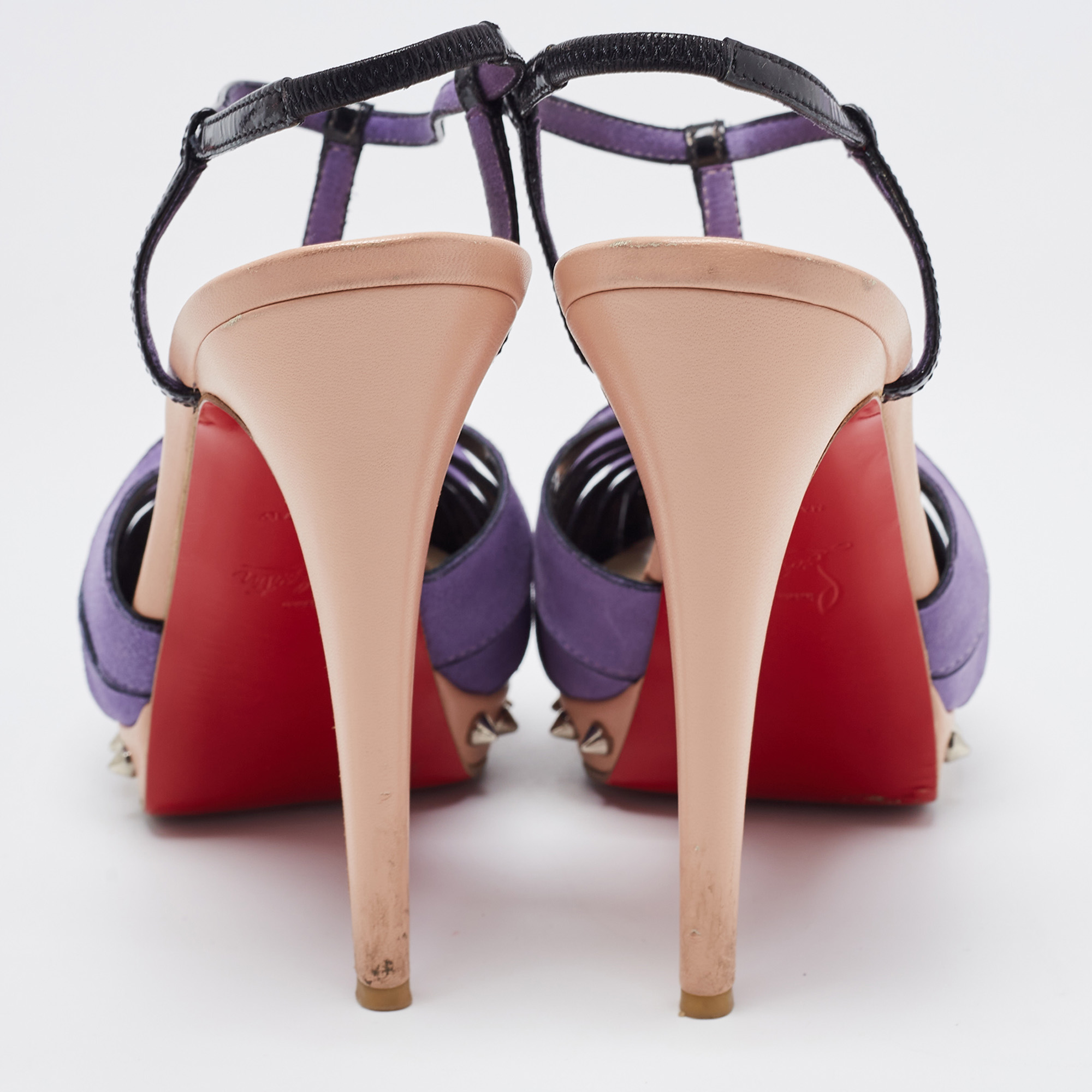 Christian Louboutin Purple/Black Suede And Patent Leather Zigounette Spiked Slingback Sandals Size 38.5