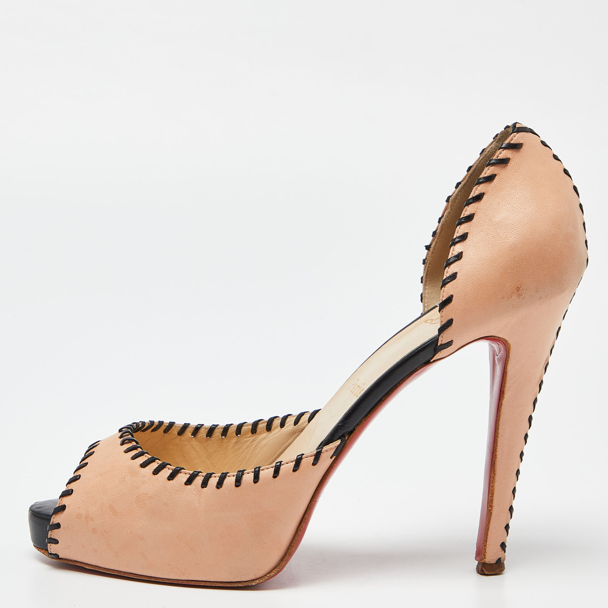 Christian louboutin blush pink leather whipstitch detail peep toe d'orsay pumps size 40.5