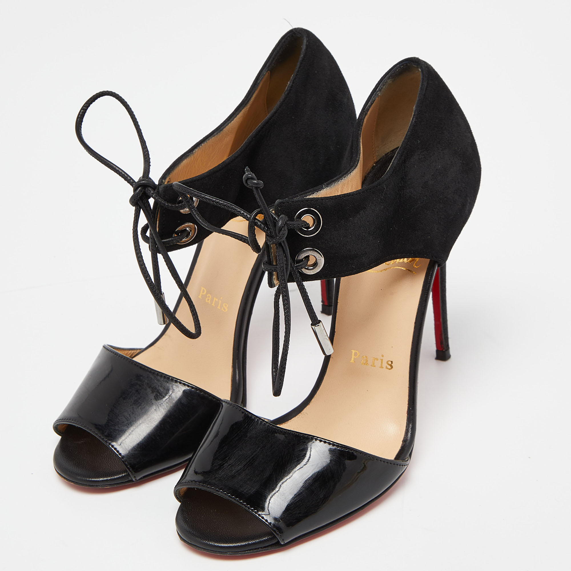 Christian Louboutin Black Suede And Patent Mayerling  Lace Up Sandals Size 36.5