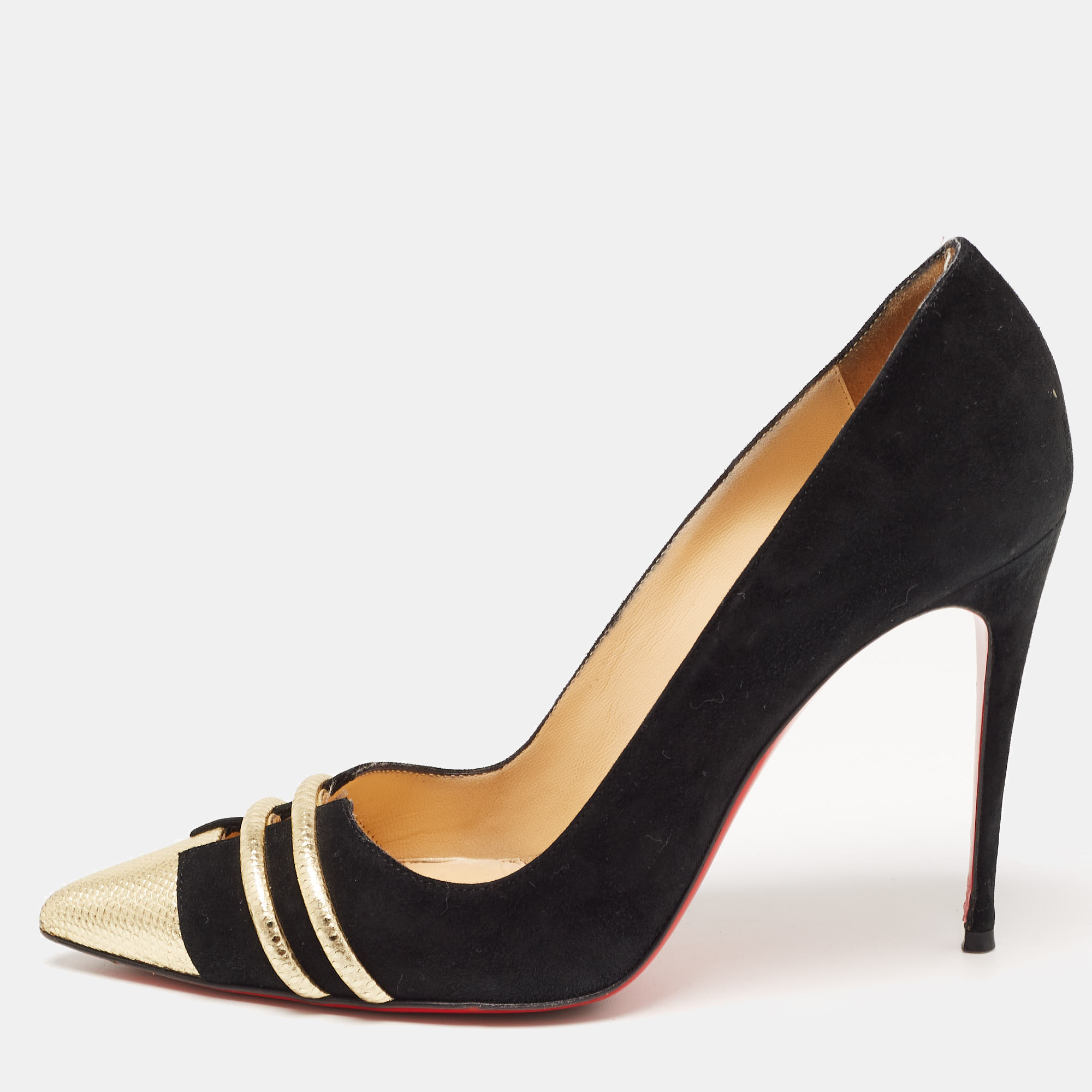 Christian louboutin black/gold suede and leather front double pumps size 38.5